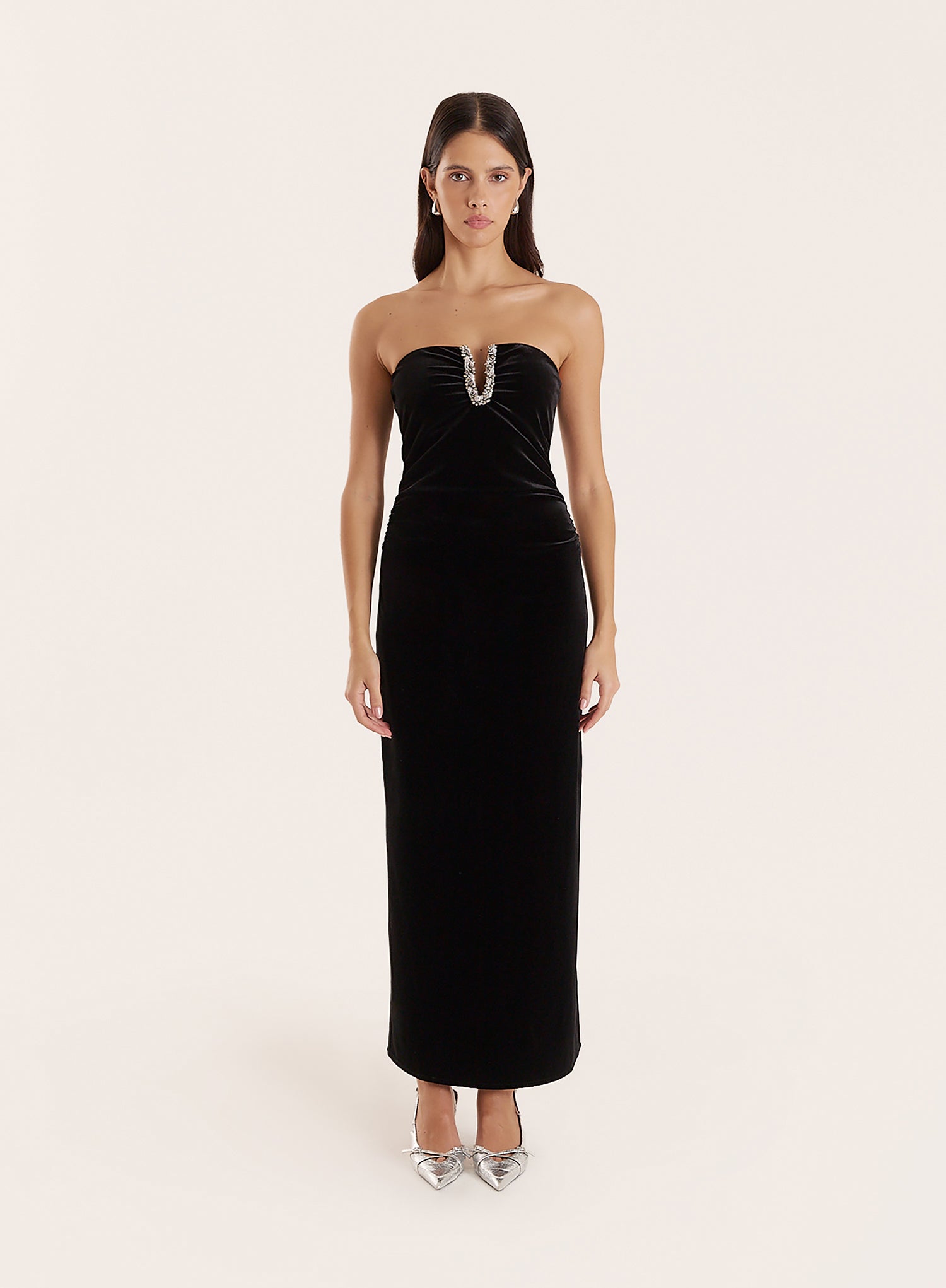 Black Embellished Velvet Midaxi Dress