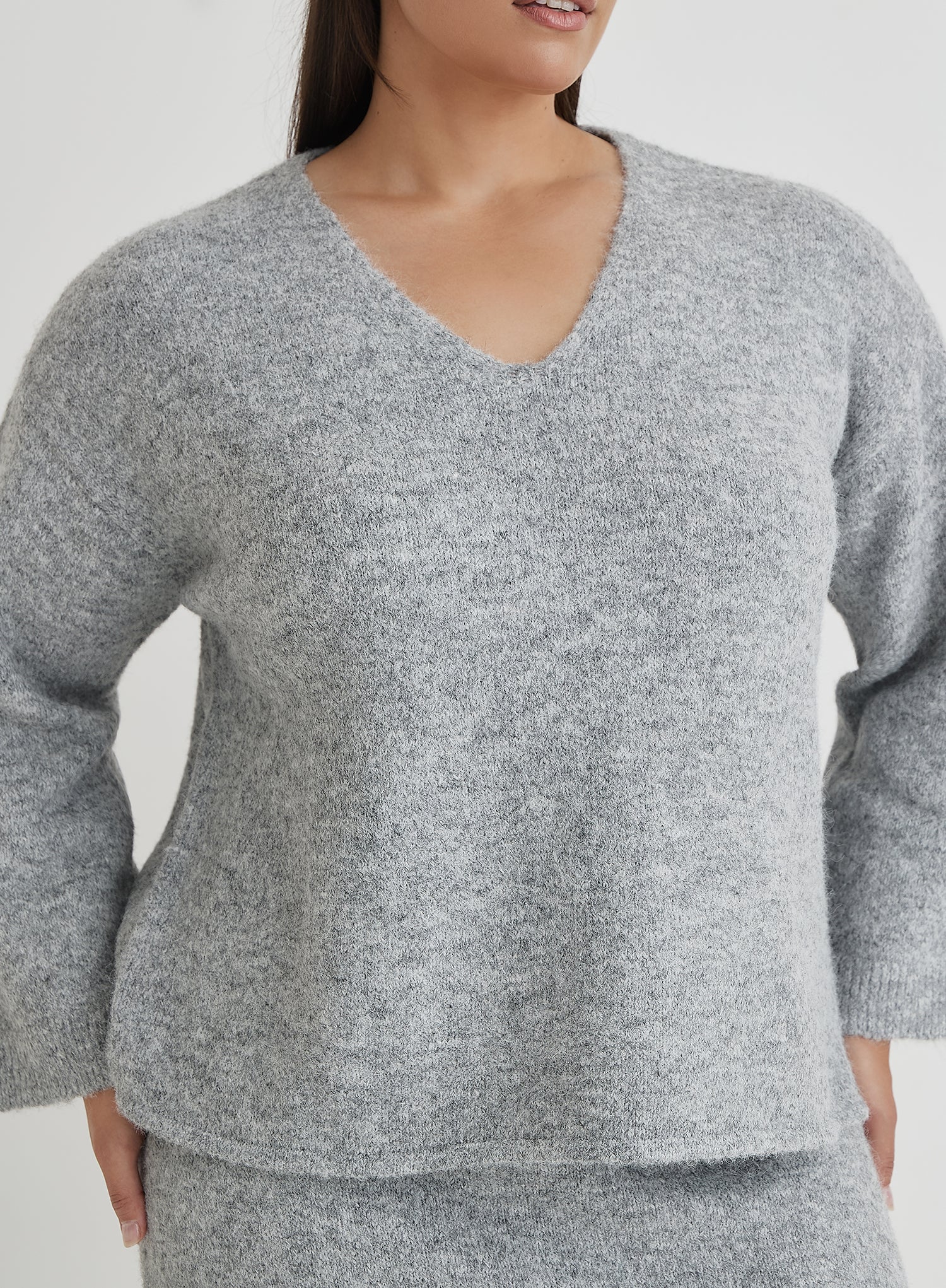 Grey Plus Size V Neck Knitted Jumper- Cadence