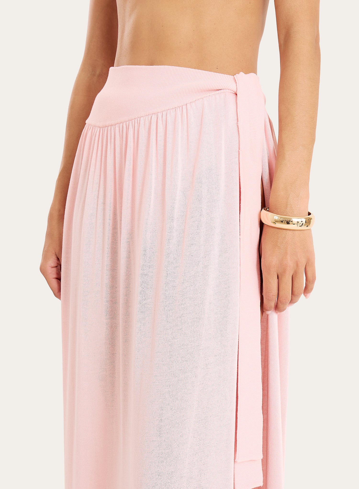 Pink Belt Detail Semi Sheer Thigh Split Maxi Skirt