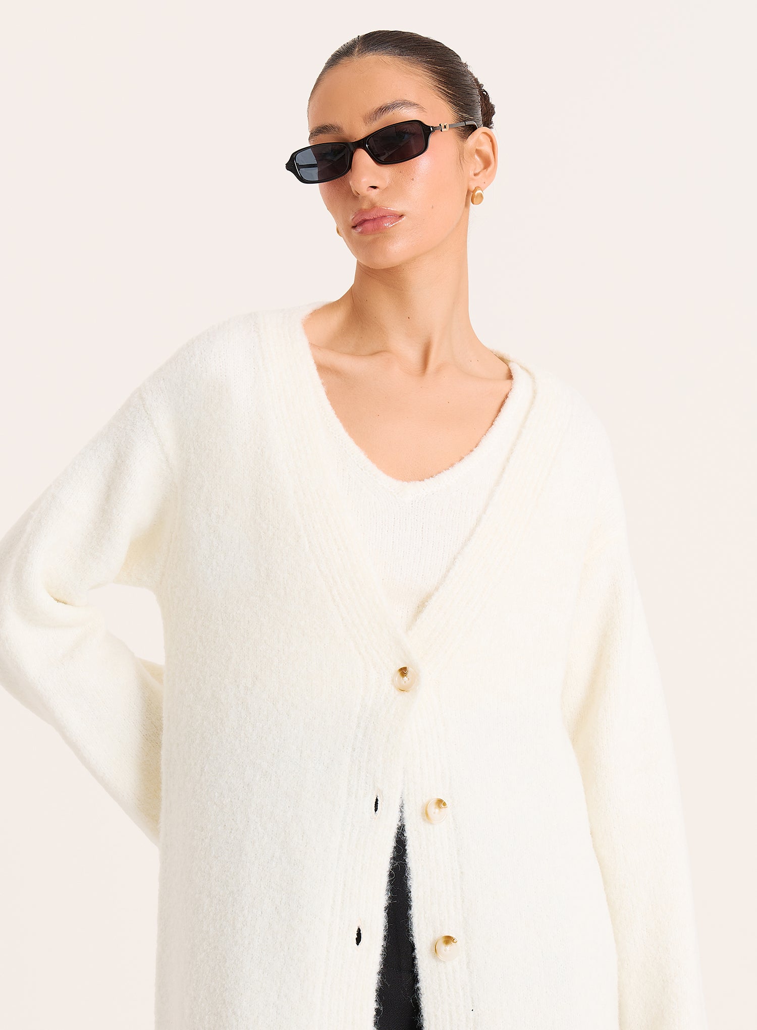 Cream Knitted Button Up Longline Cardigan