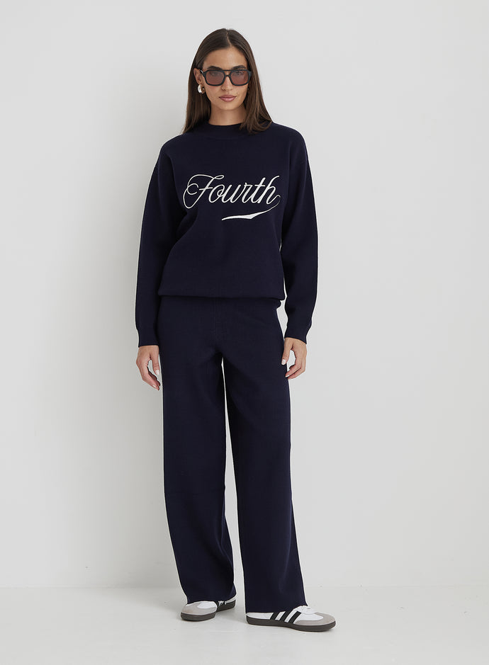 Navy Knitted Wide Leg Trouser- Cameron