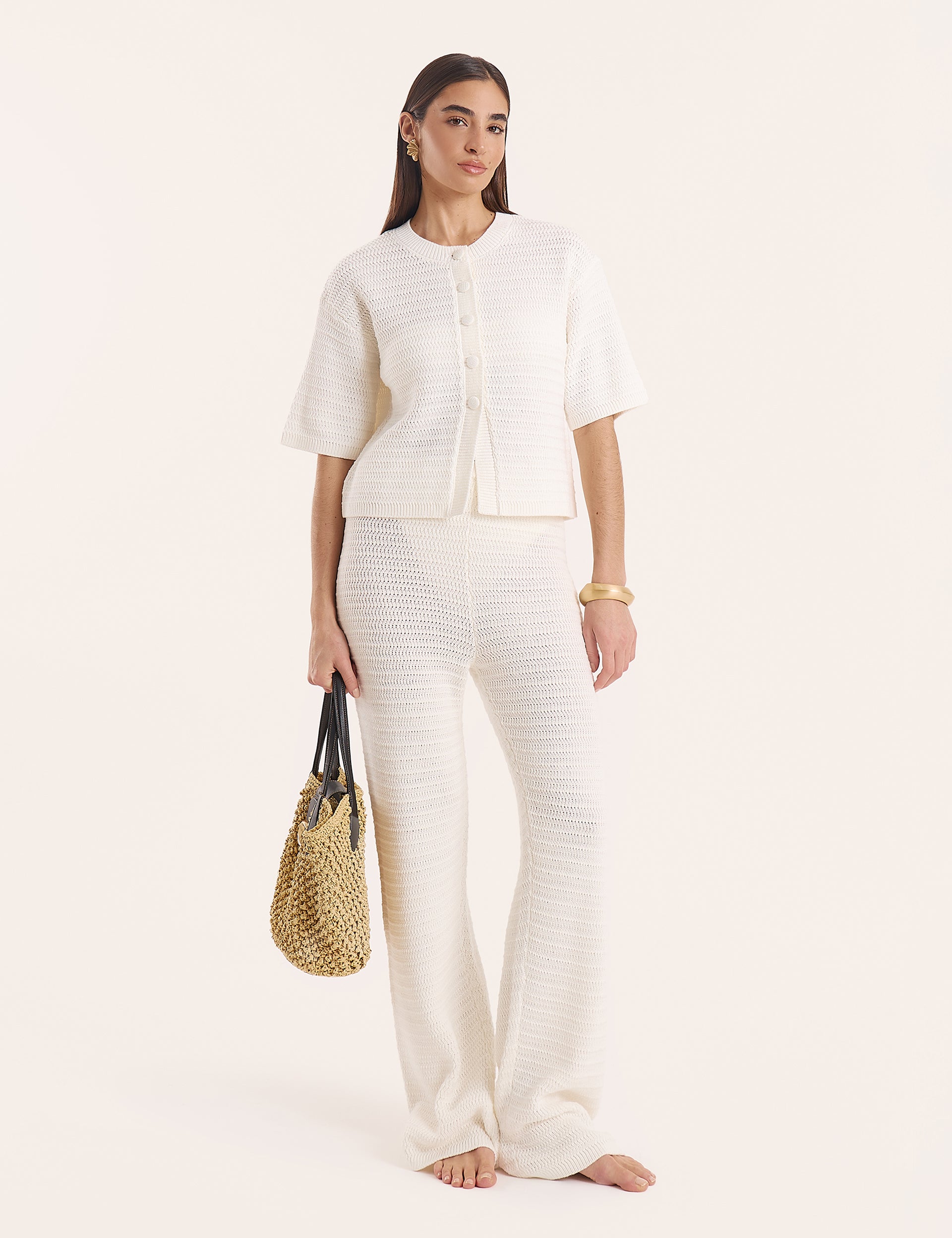 White Crochet Button Crop Shirt