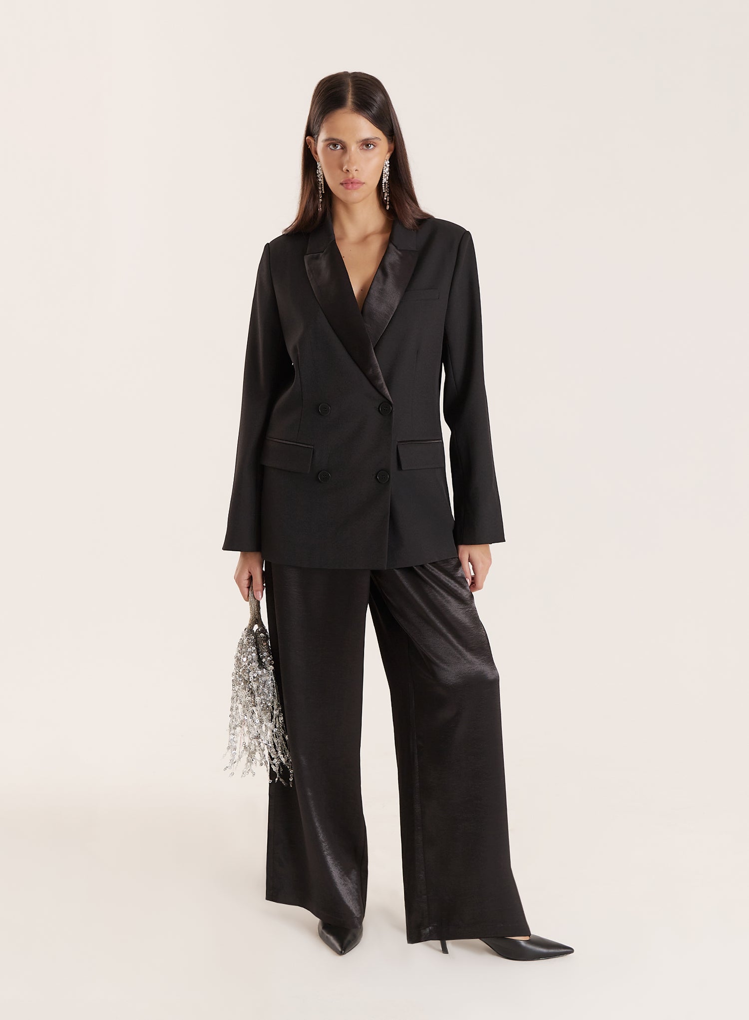 Black Pleated Waistband Wide Leg Satin Trousers