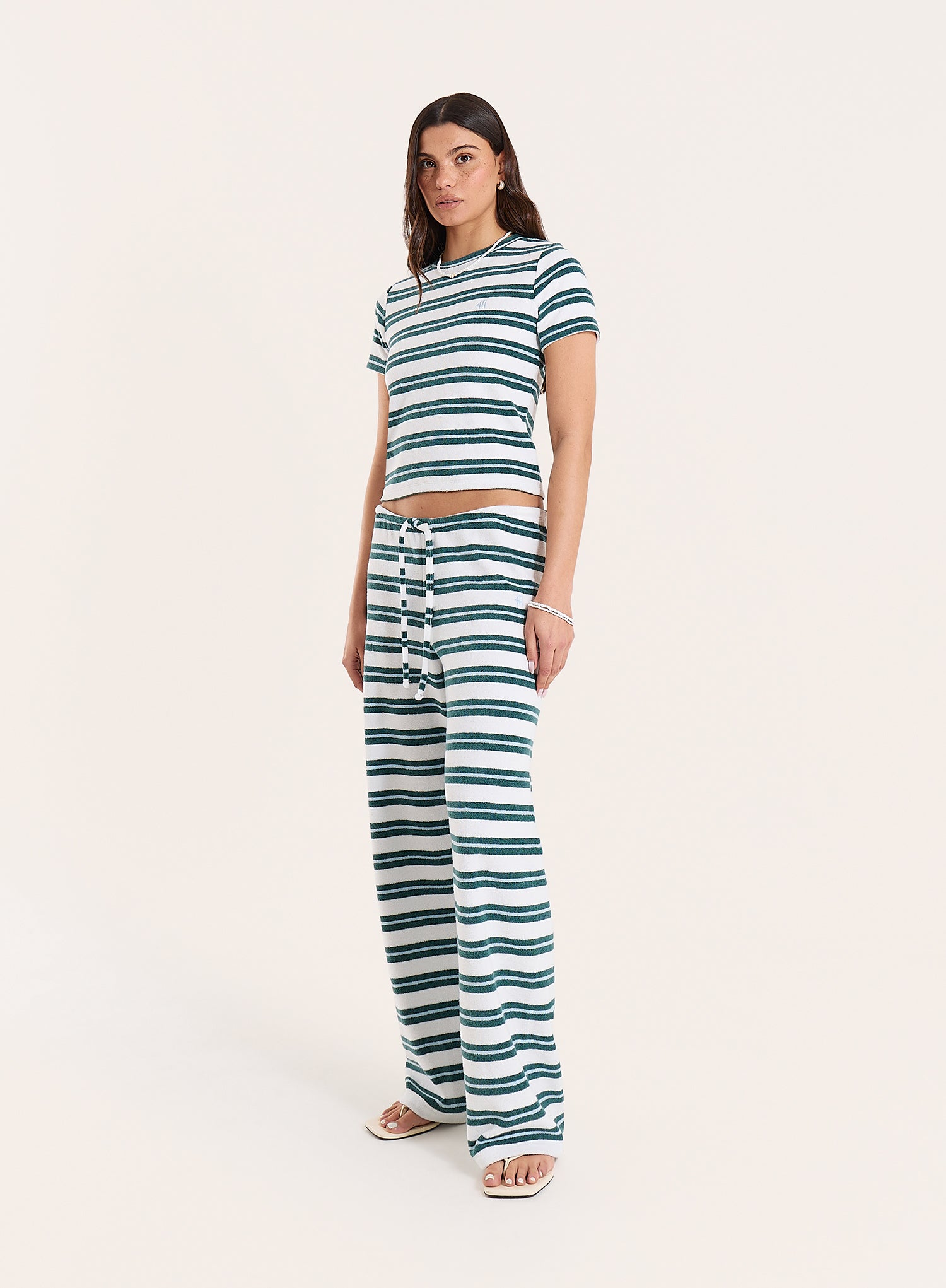 Green And White Stripe Towelling Short Sleeve Top