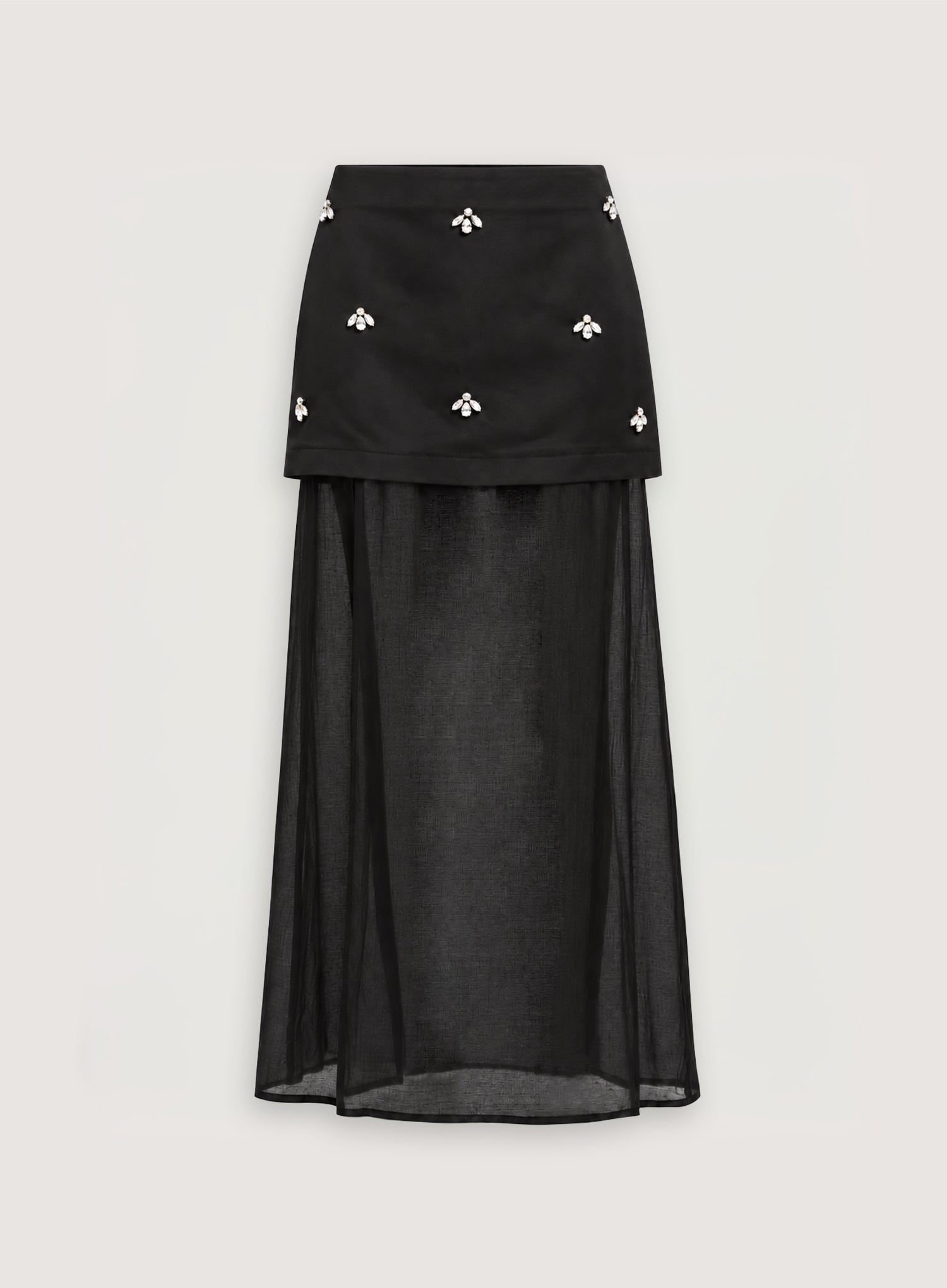 Black Satin Embellished Chiffon Hem Maxi Skirt