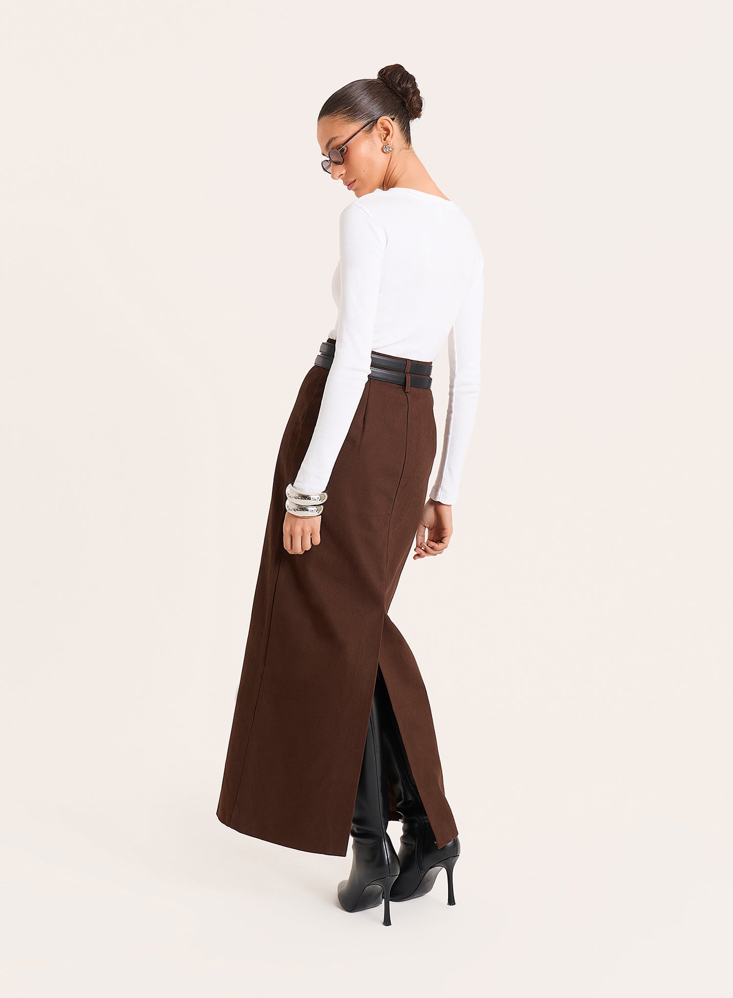 Chocolate Belted Tailored Maxi Skirt