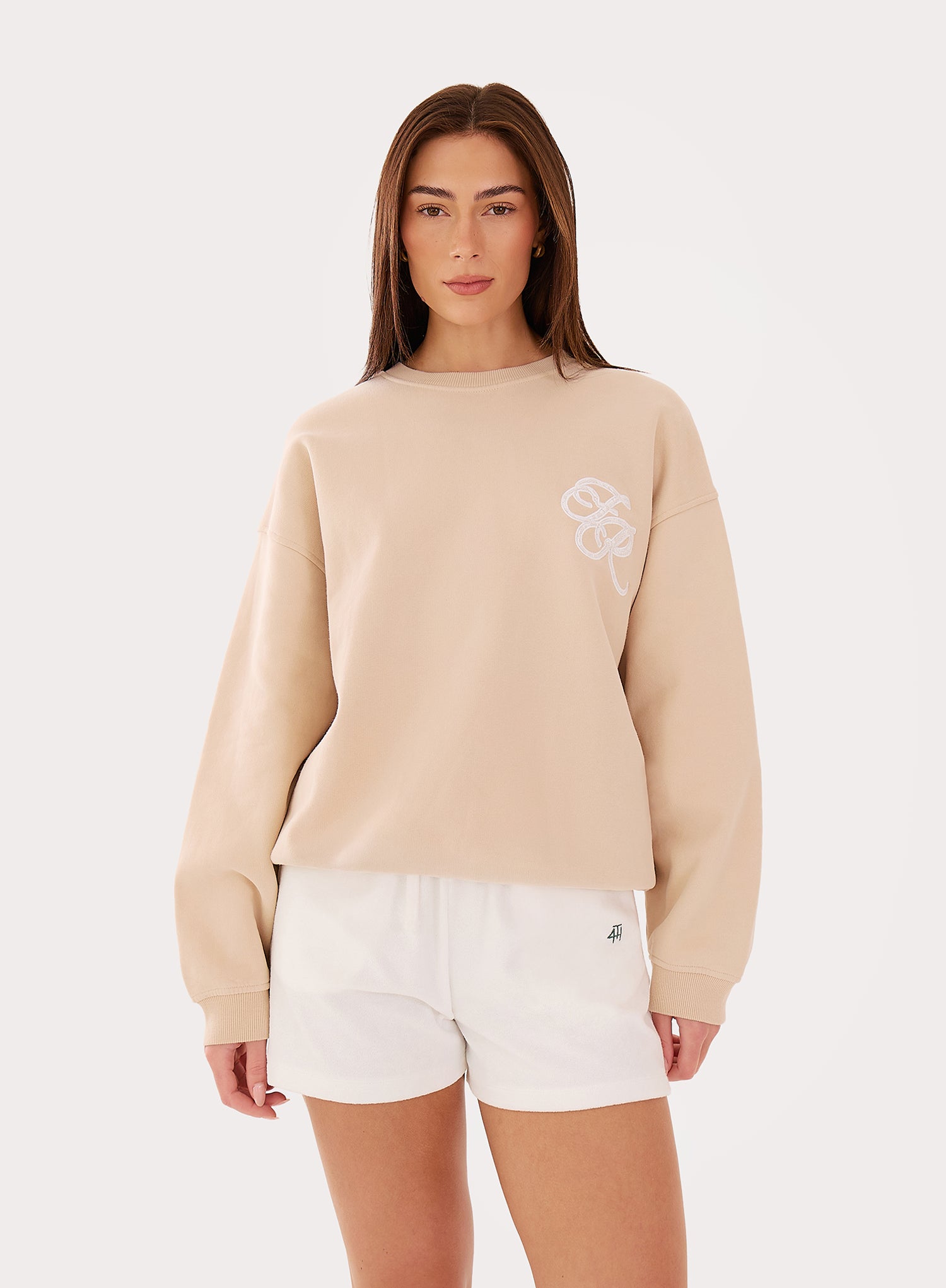 Beige Embroidered Lace Branded Oversized Sweatshirt