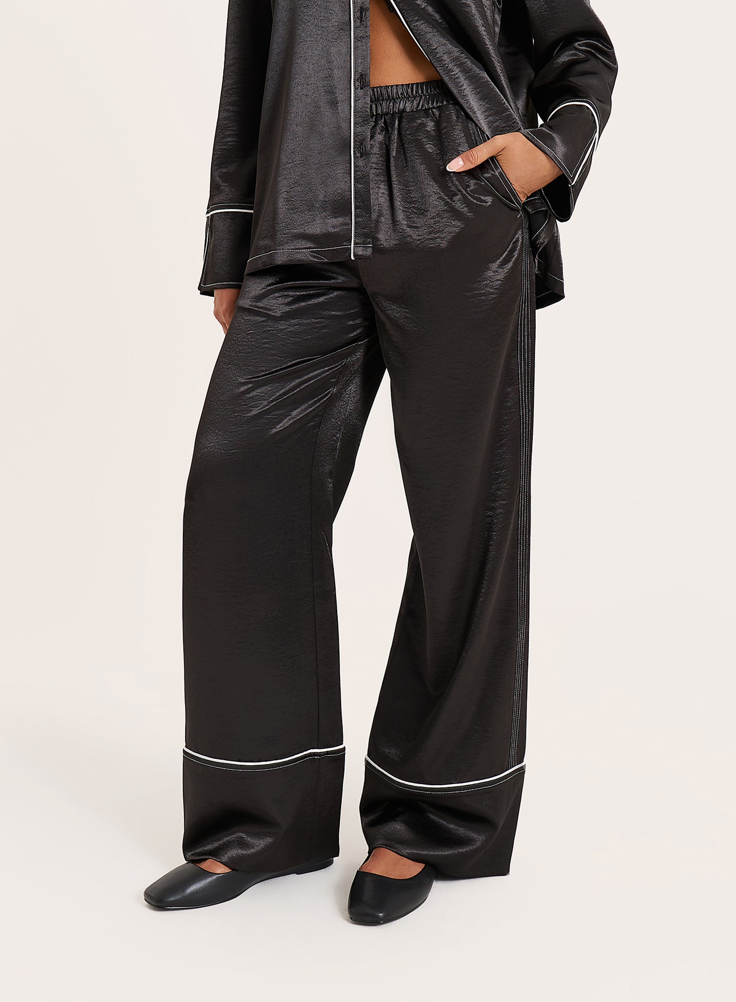 Black Satin Contrast Piping Trousers