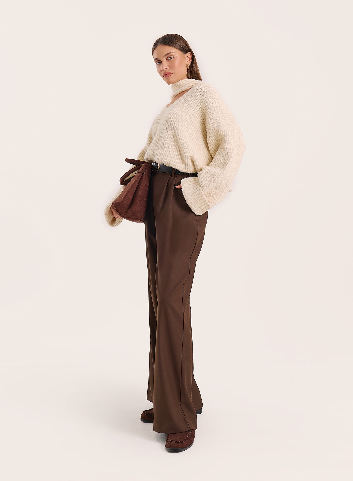 Chocolate Hardware Belt Detail Tailored Trousers