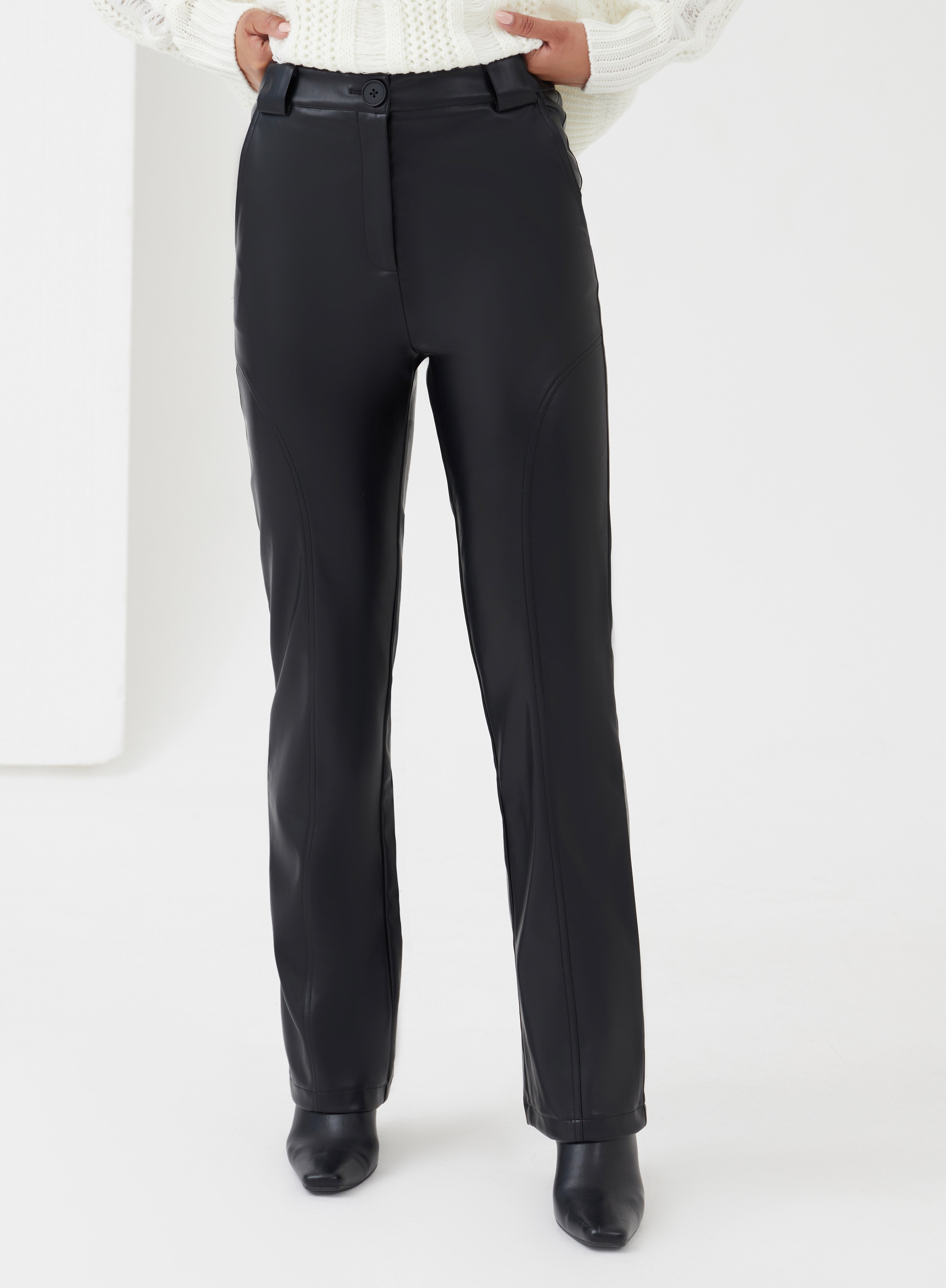 Black Straight Leg Faux Leather Trousers - Madelon