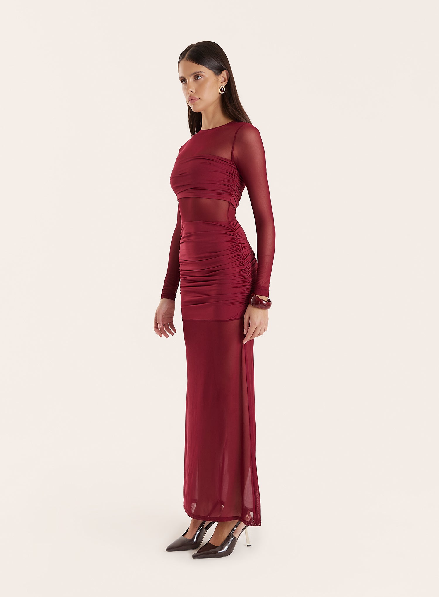 Burgundy Jersey And Mesh Mix Long Sleeved Maxi Dress