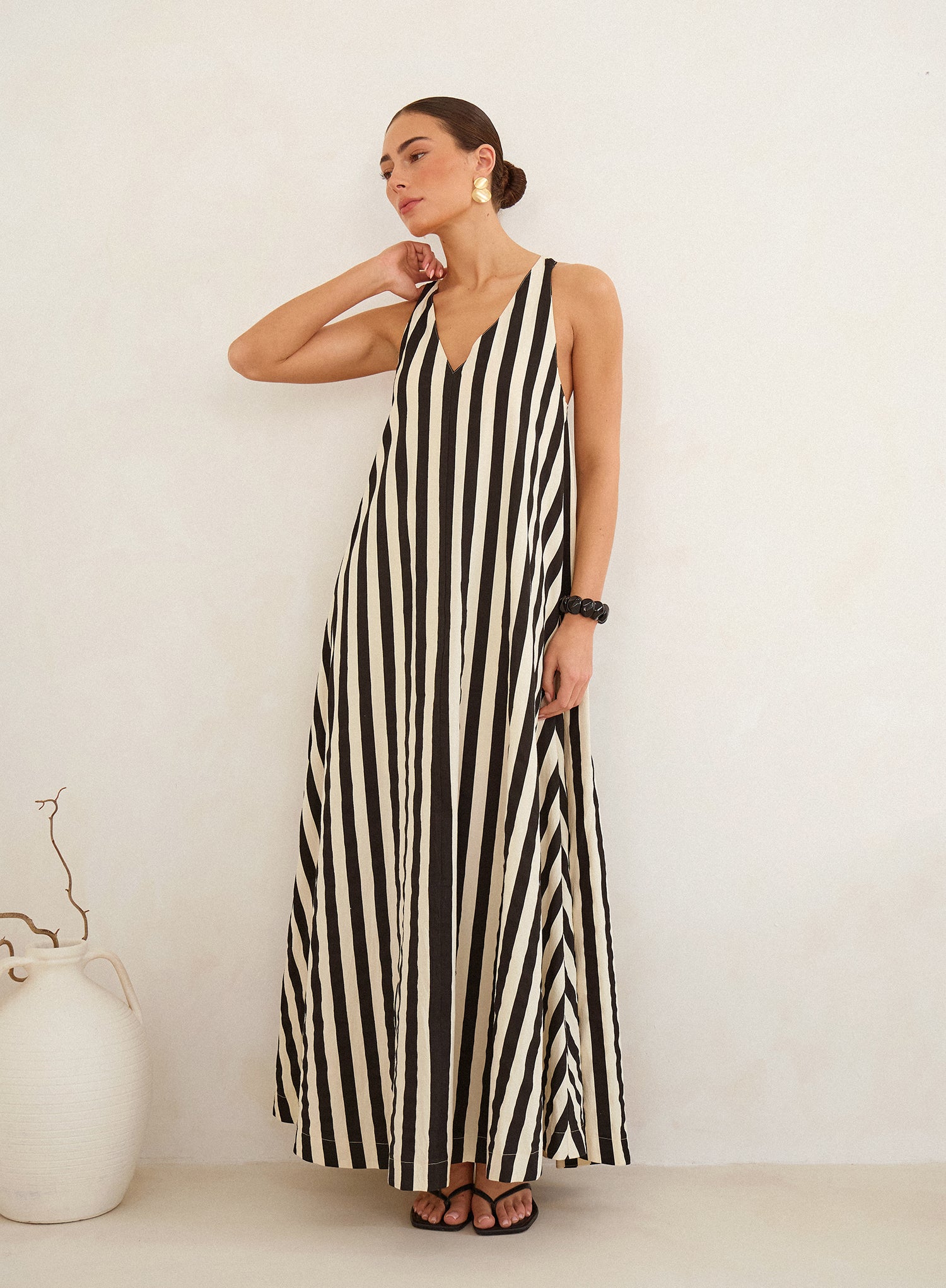 Black And Cream Stripe Cotton Trapeze Maxi Dress