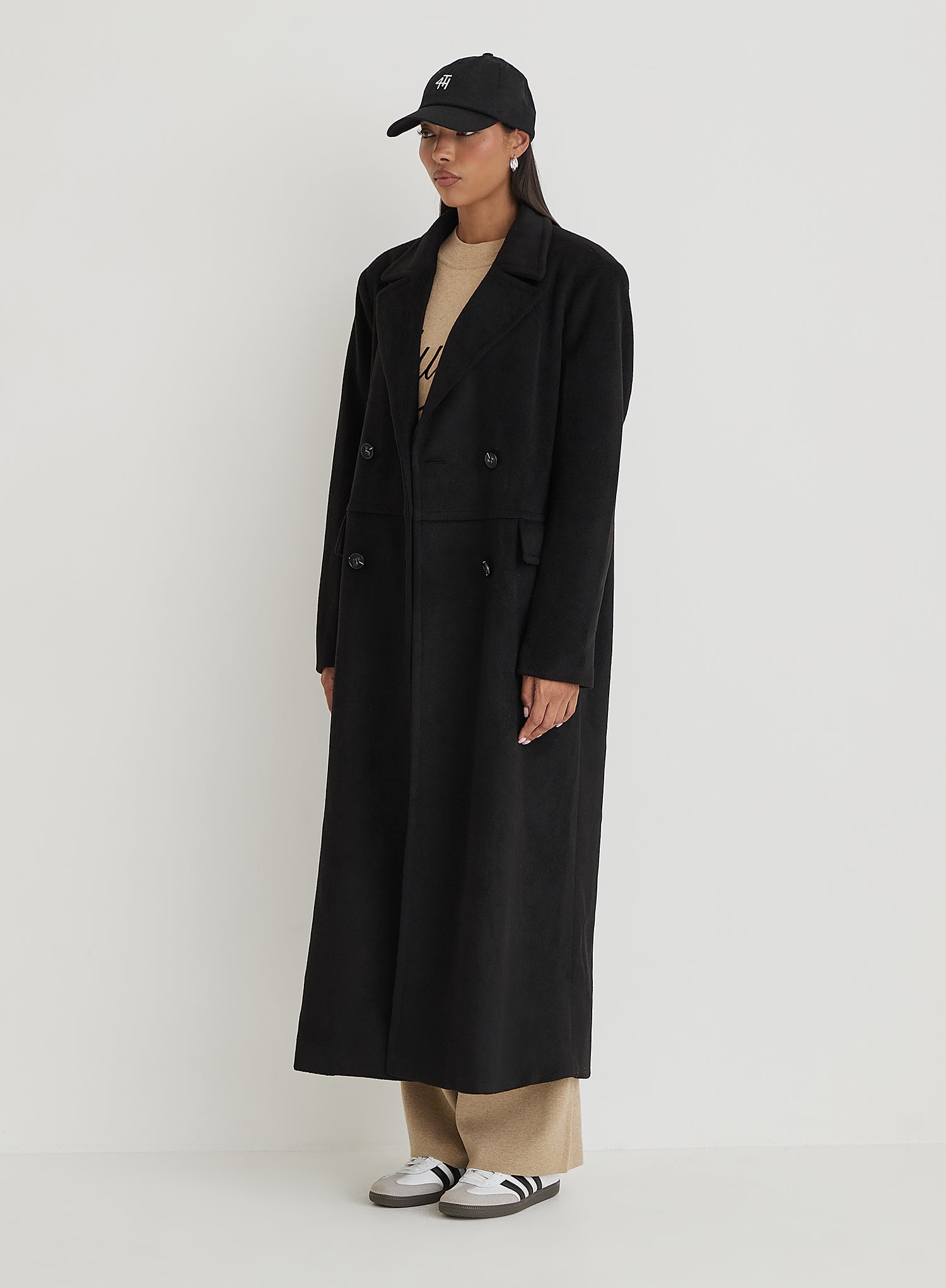 Black Tailored Oversized Maxi Coat With Scarf- Melia