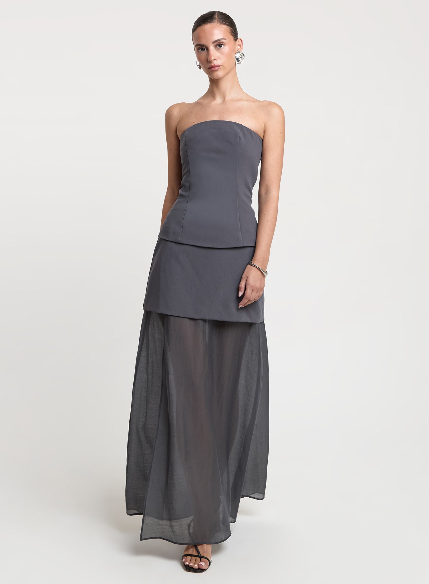 Grey Mesh Double Layer Maxi Skirt