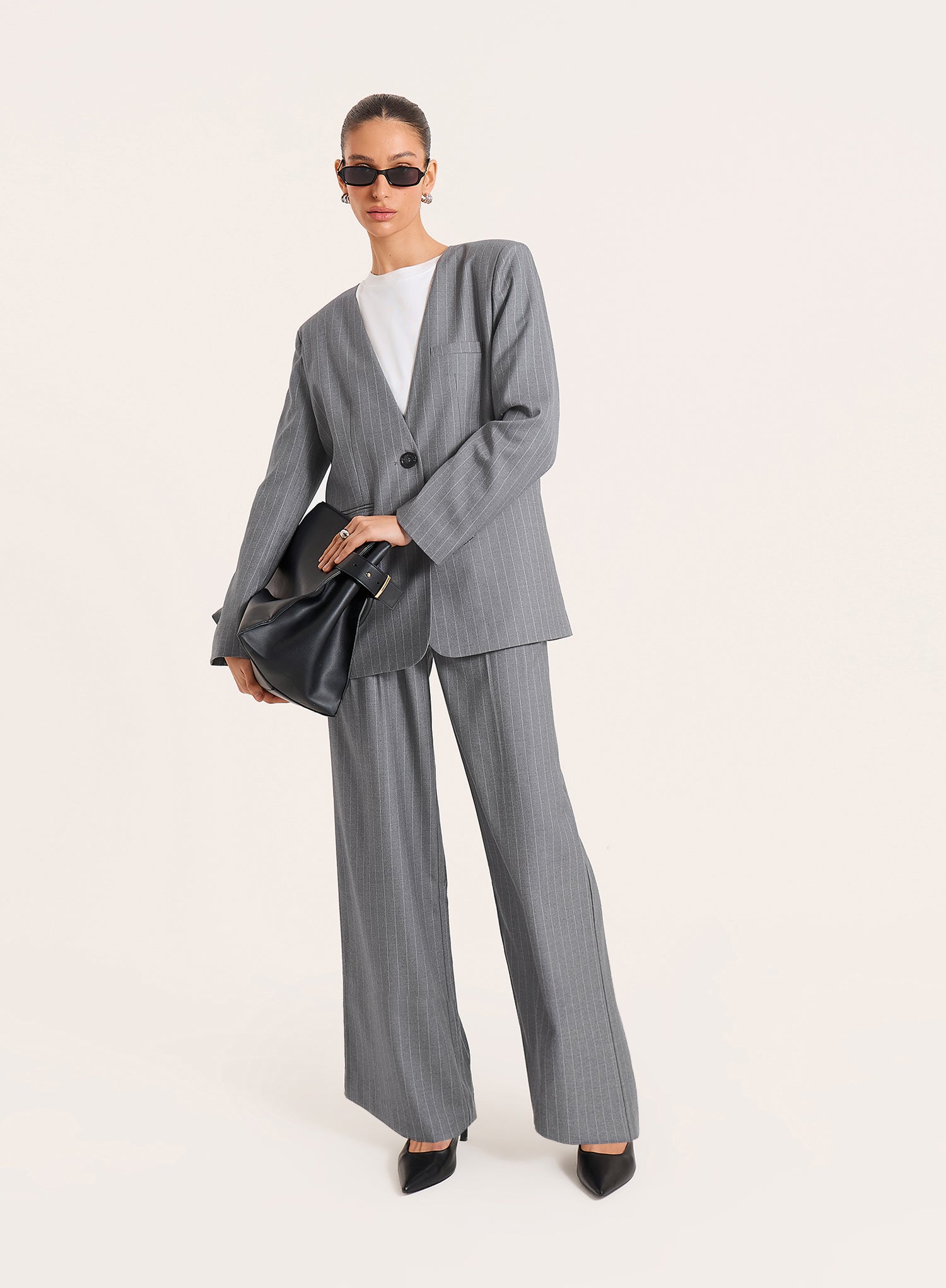 Grey Pinstripe Collarless Blazer