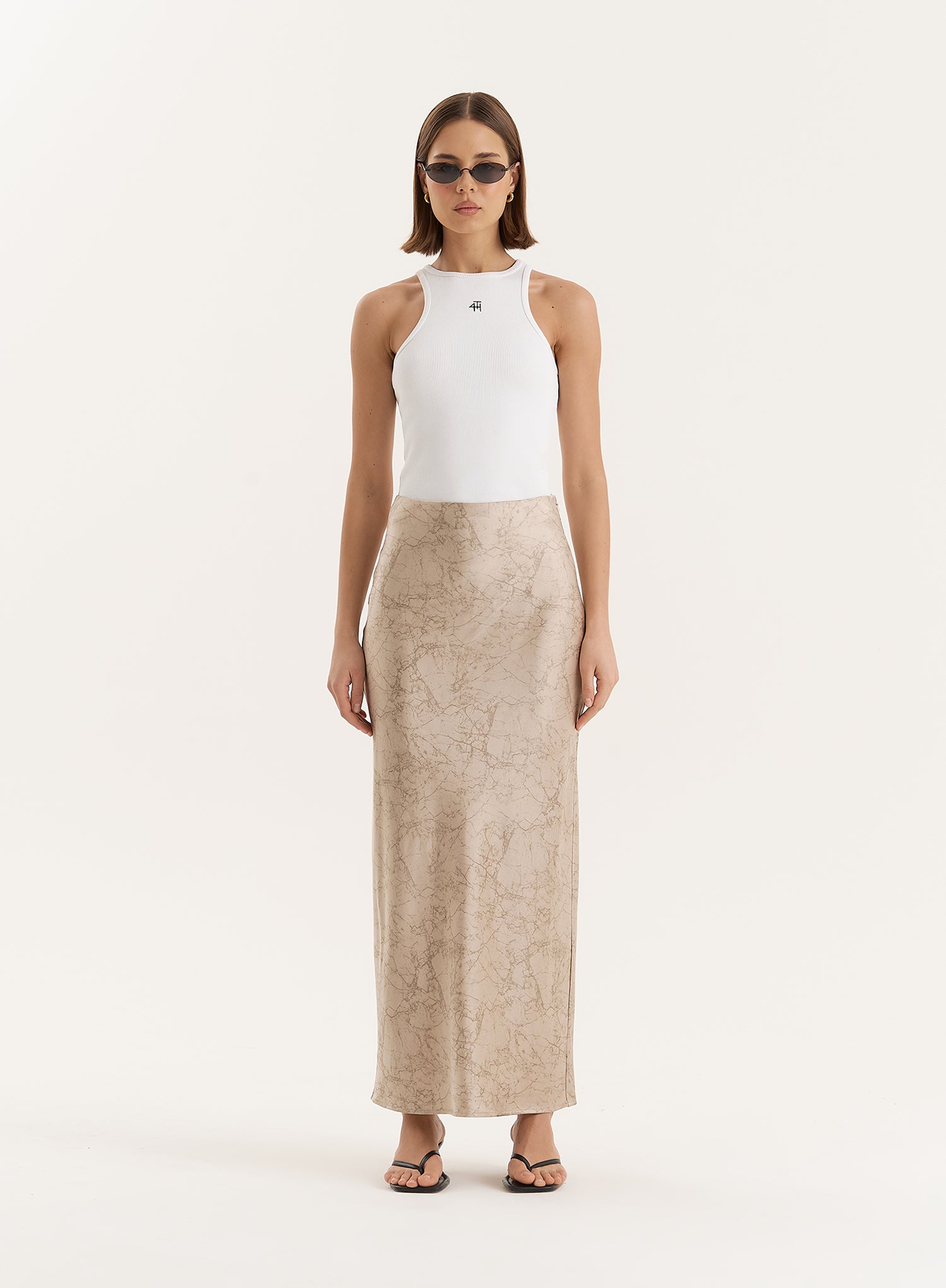 Beige Print Satin Maxi Skirt- Novah