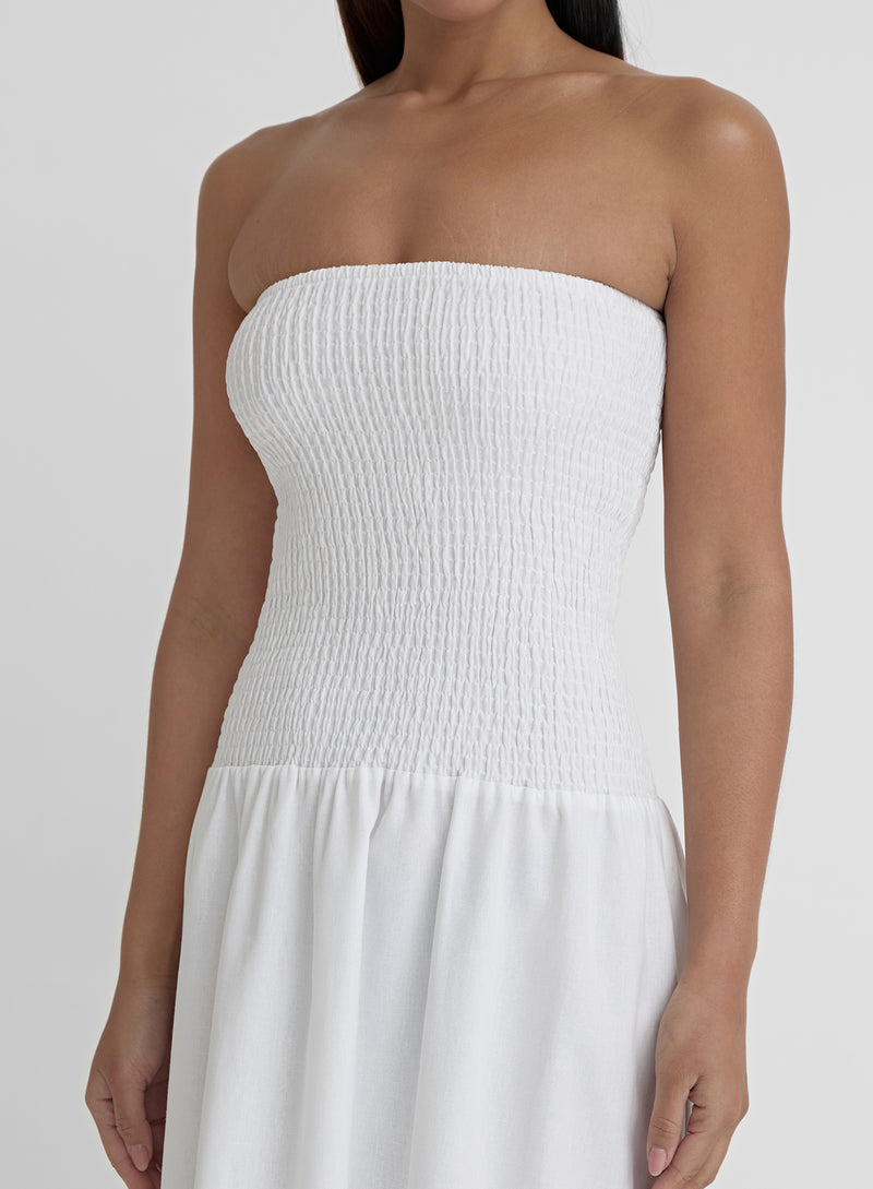 Women's White Shirred Bandeau Maxi Dress- Davina | 4th & Reckless