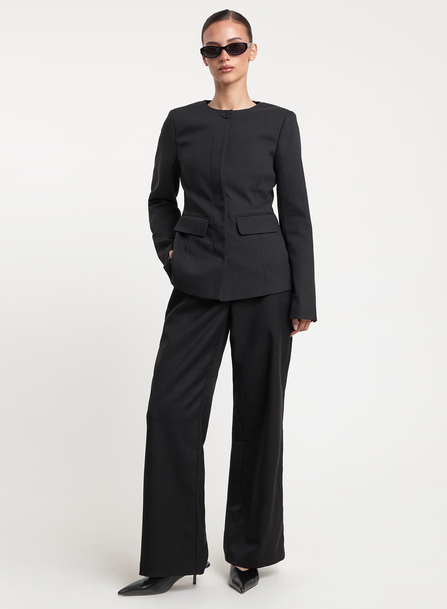 Black Collarless Cinched Waist Tailored Blazer