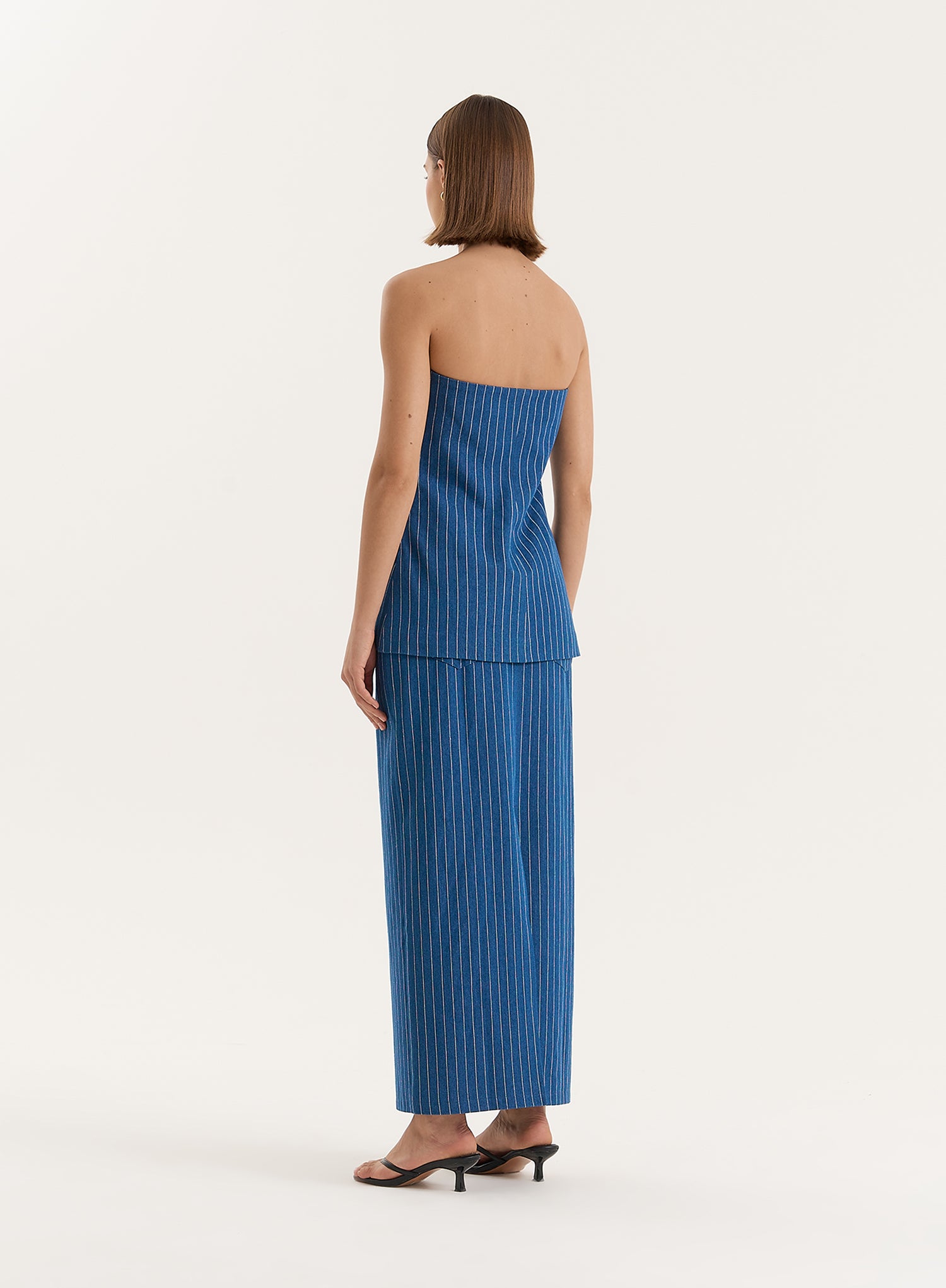 Blue Pinstripe Tailored Denim Maxi Skirt- Dionne