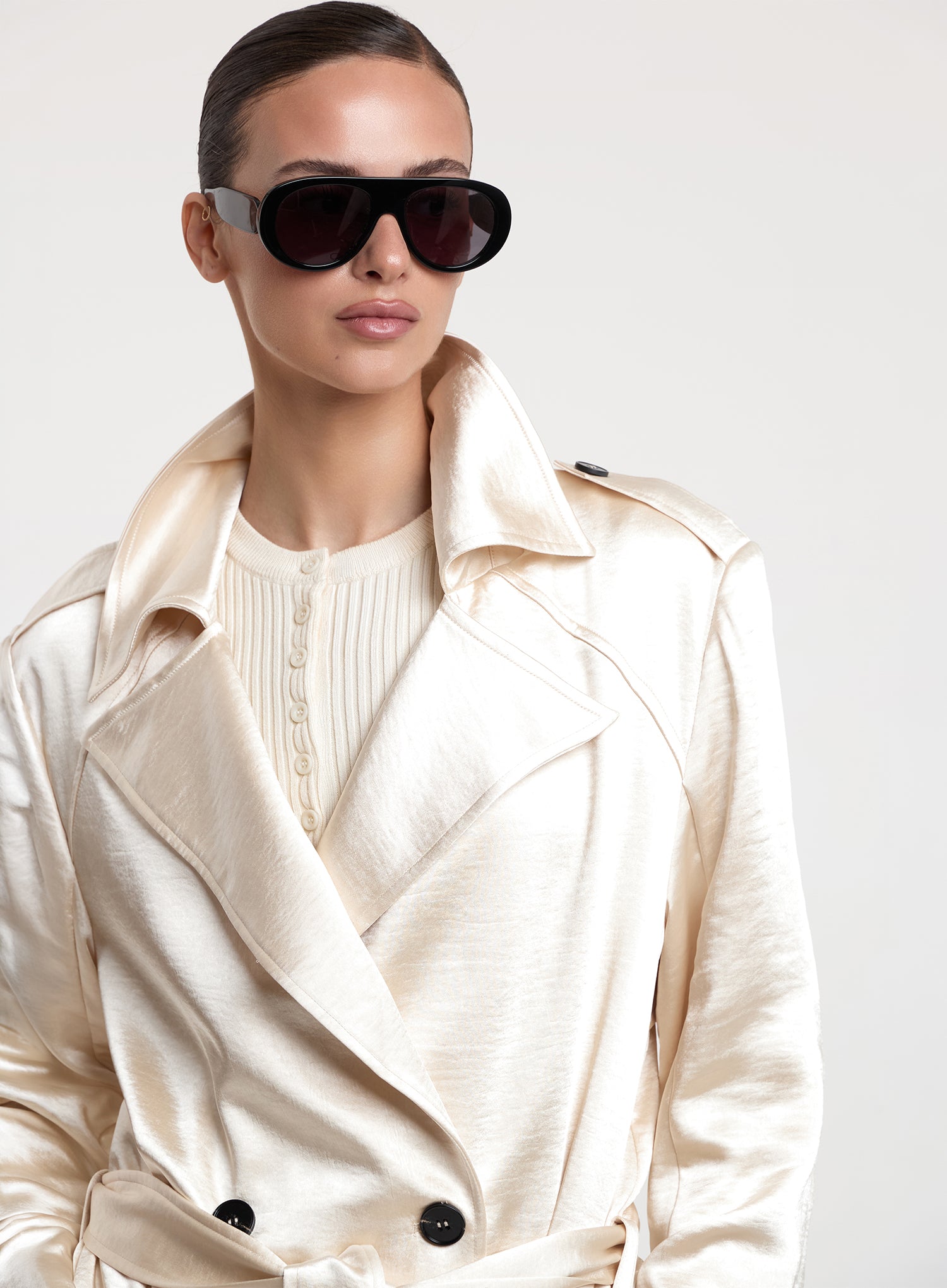 Cream Satin Belted Trench Coat