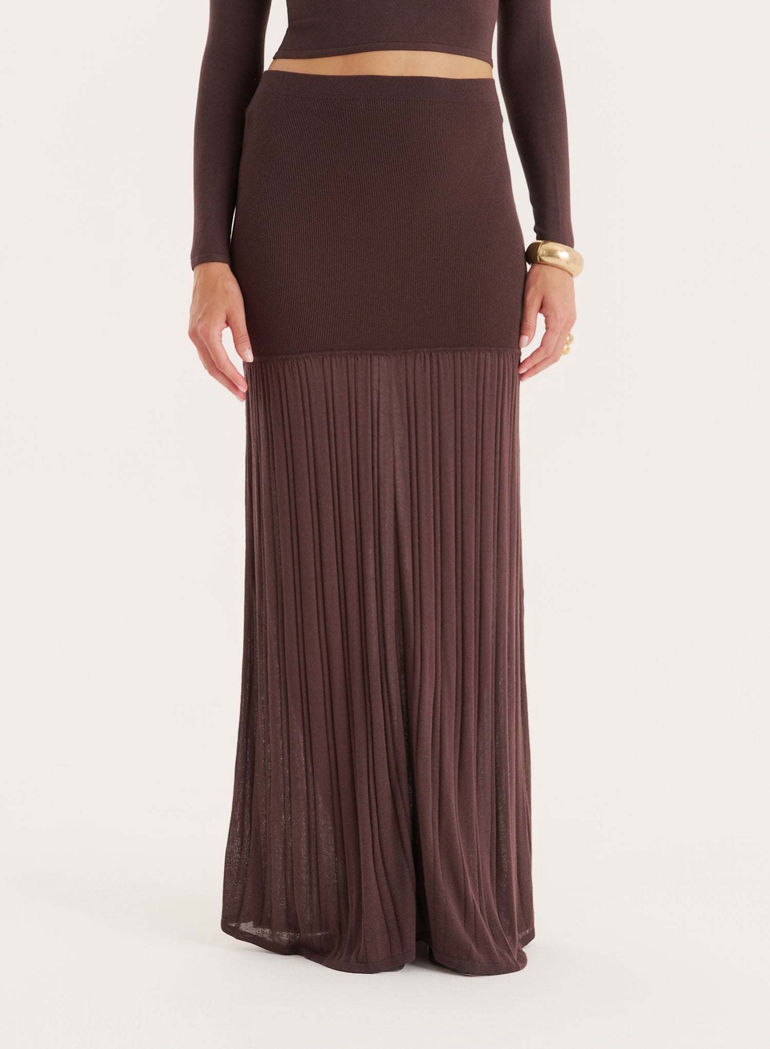 Chocolate Knitted Drop Waist Maxi Skirt