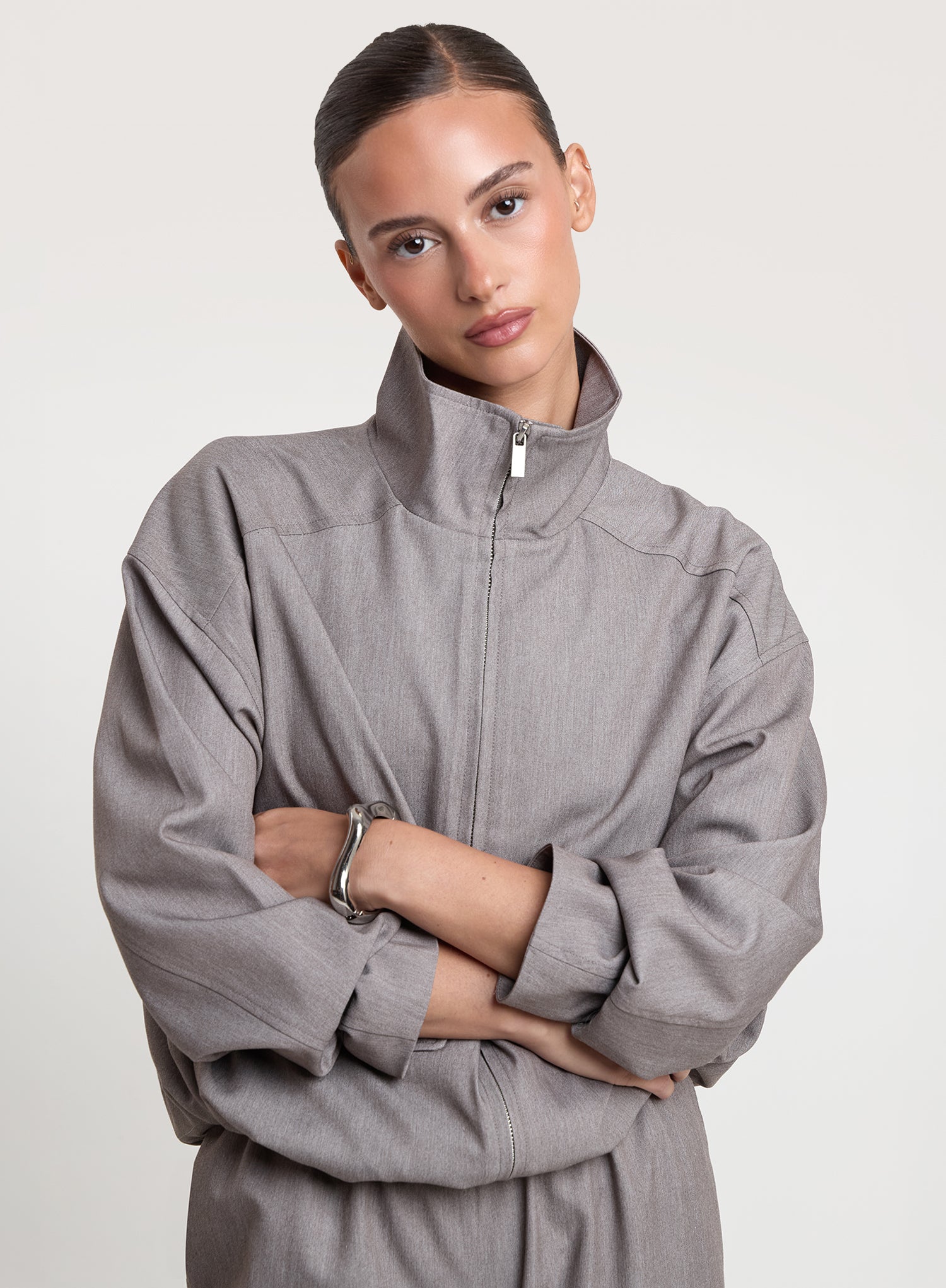 Grey Toggle Waist Funnel Neck Jacket
