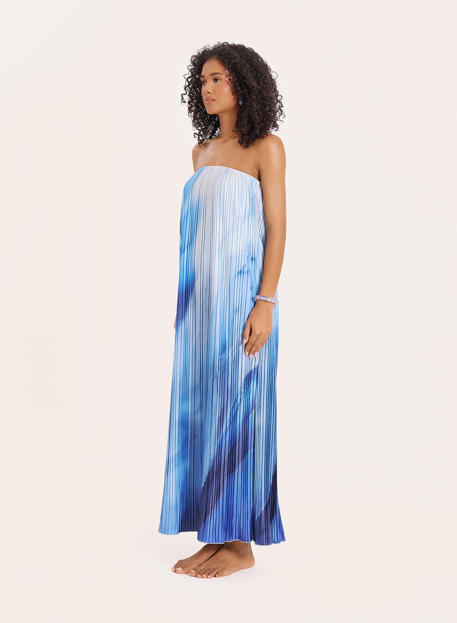Blue Ombre Print Plisse Bandeau Maxi Dress