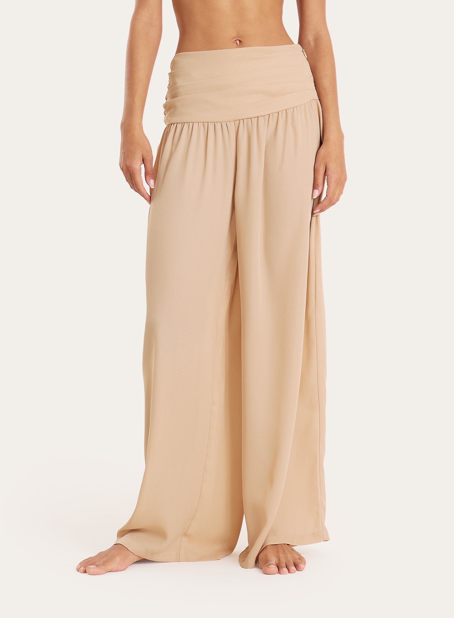 Beige Sheer Ruched Waist Wide Leg Trousers