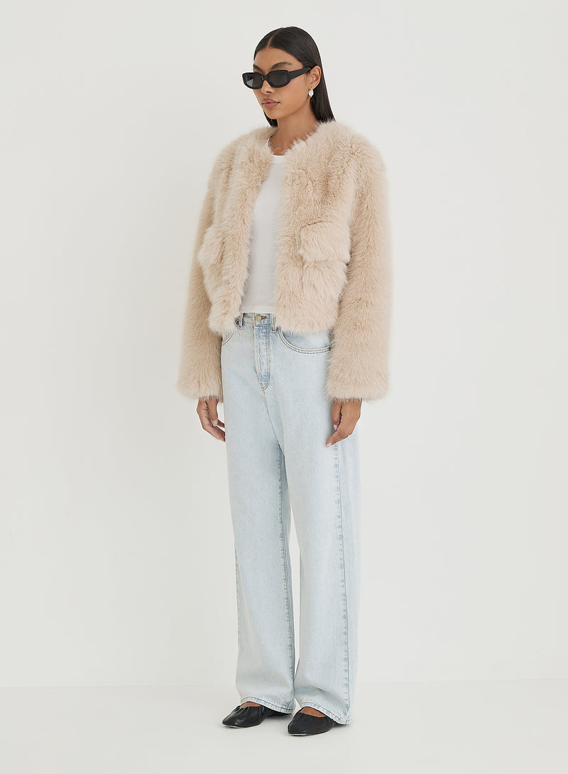 Beige Faux Fur Cropped Jacket- Reysha