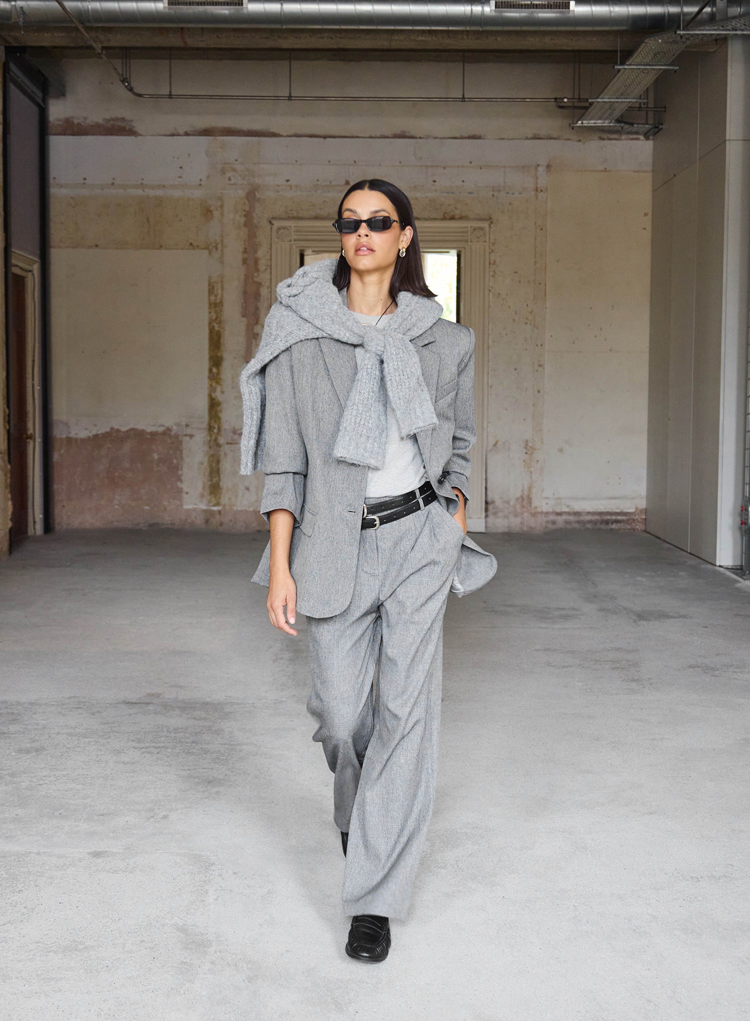 Grey Belted Tailored Wide Leg Trouser