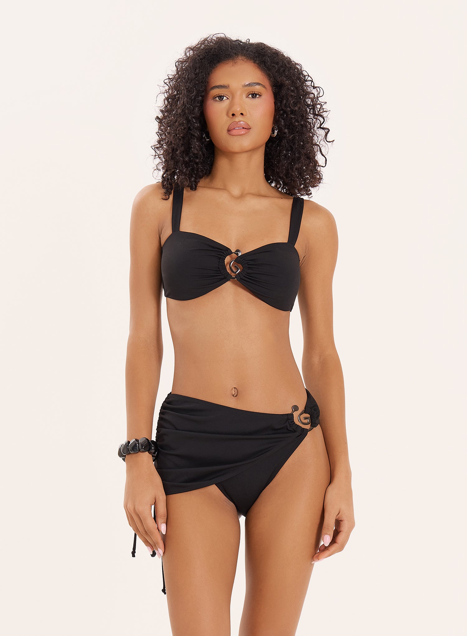 Black Spiral Hardware Ruched Side Skirt Bikini Bottom