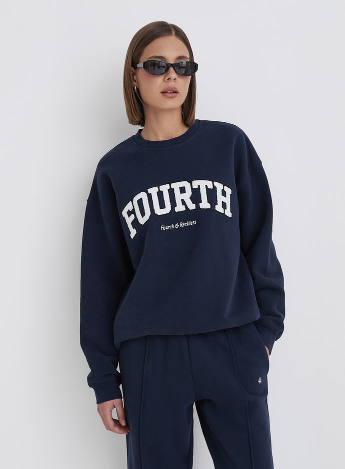 Navy Fourth Slogan Classic Longline Sweatshirt- Jen