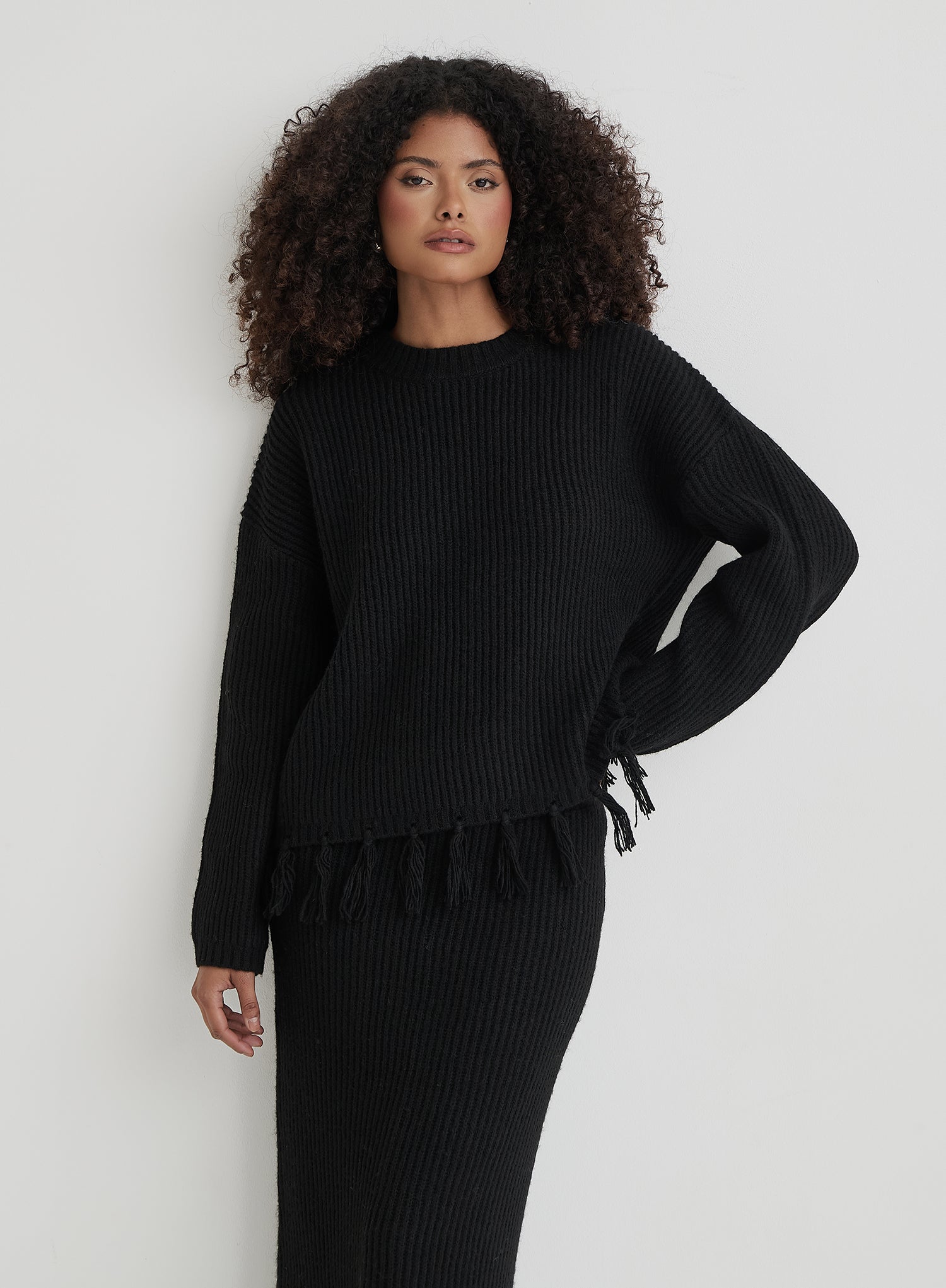 Black Oversized Tassle Trim Jumper