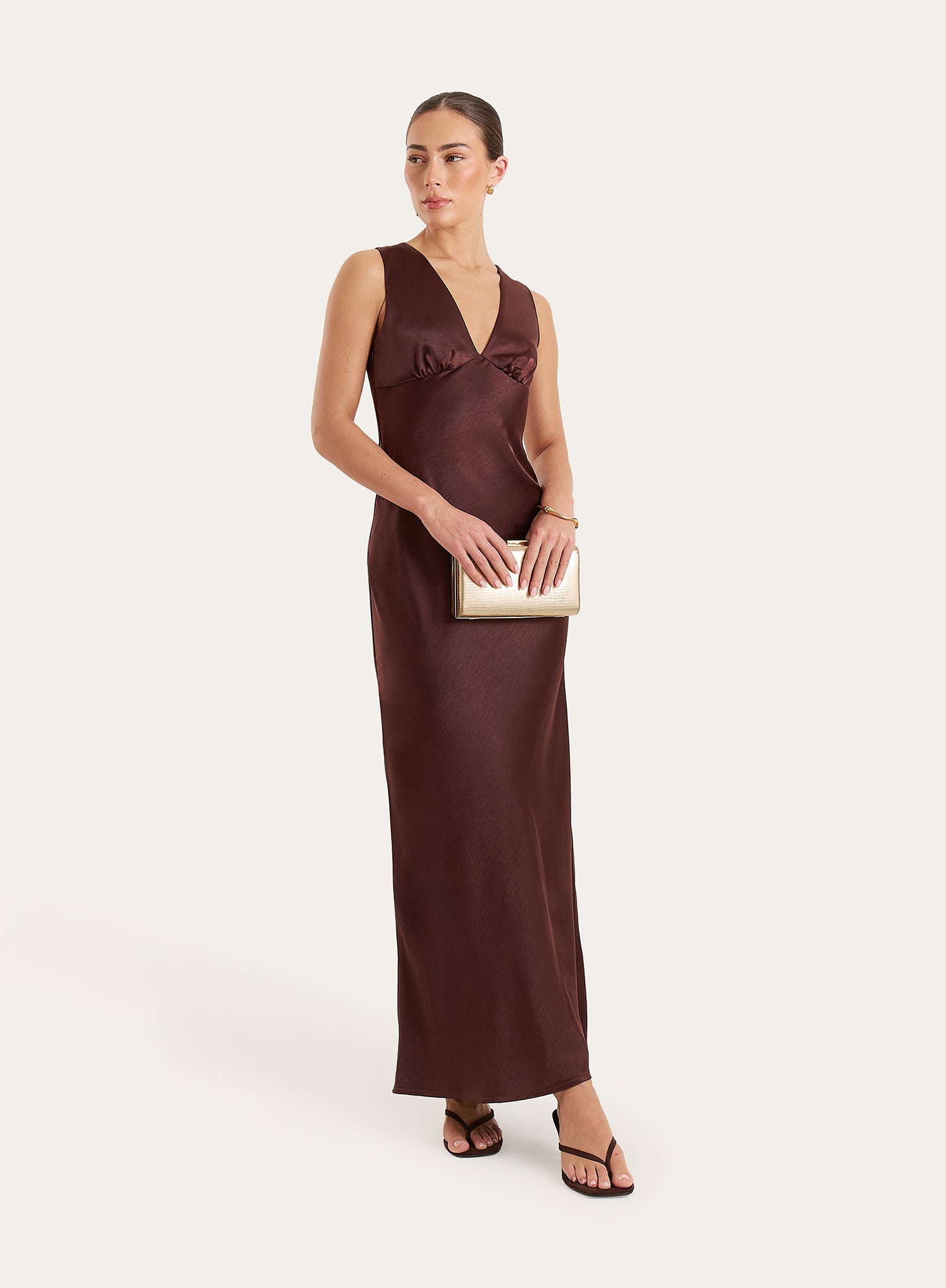Chocolate Satin Open Back Maxi Dress