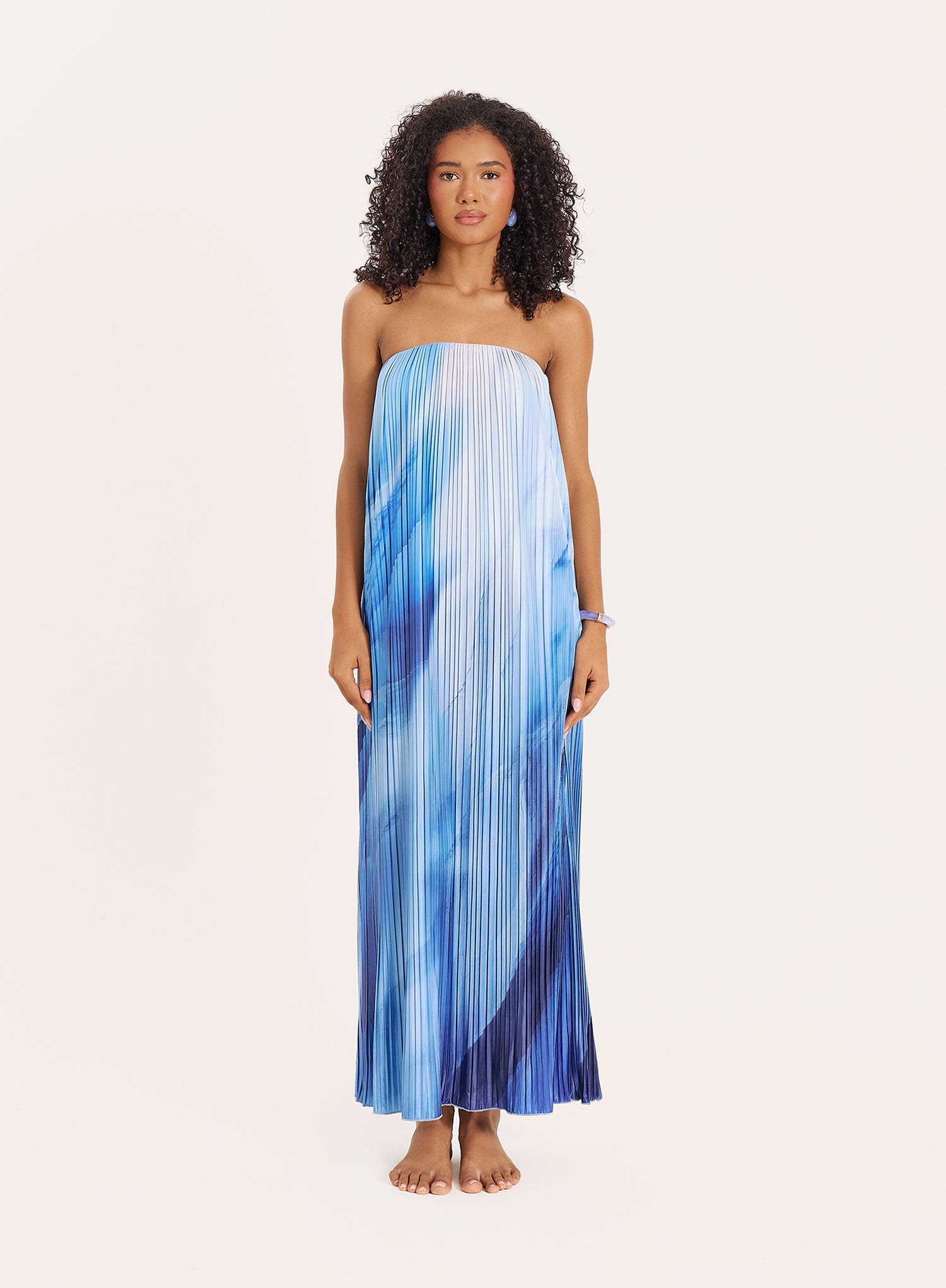 Blue Ombre Print Plisse Bandeau Maxi Dress