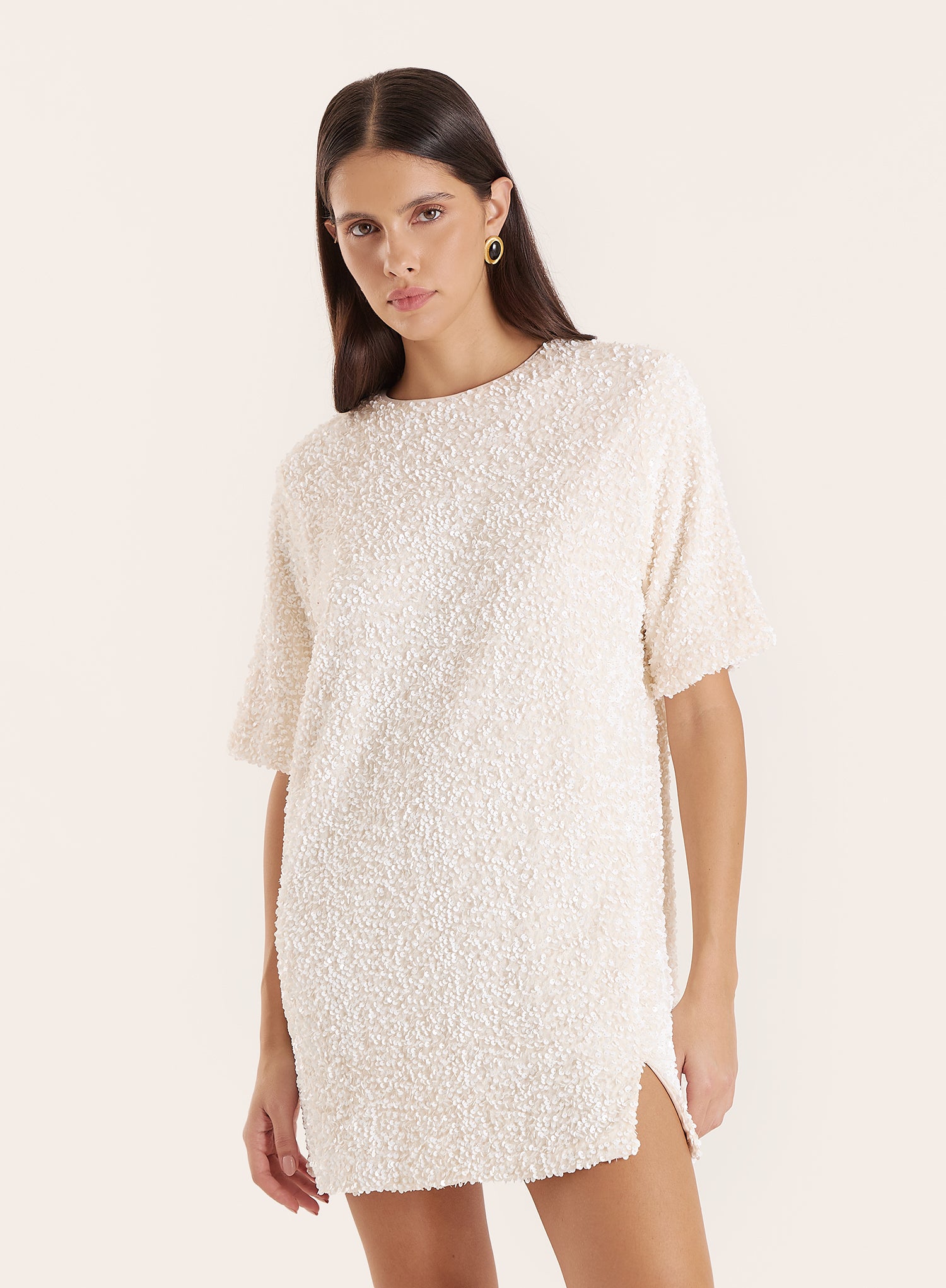 Cream Sequin Bow Tie Back Mini Dress