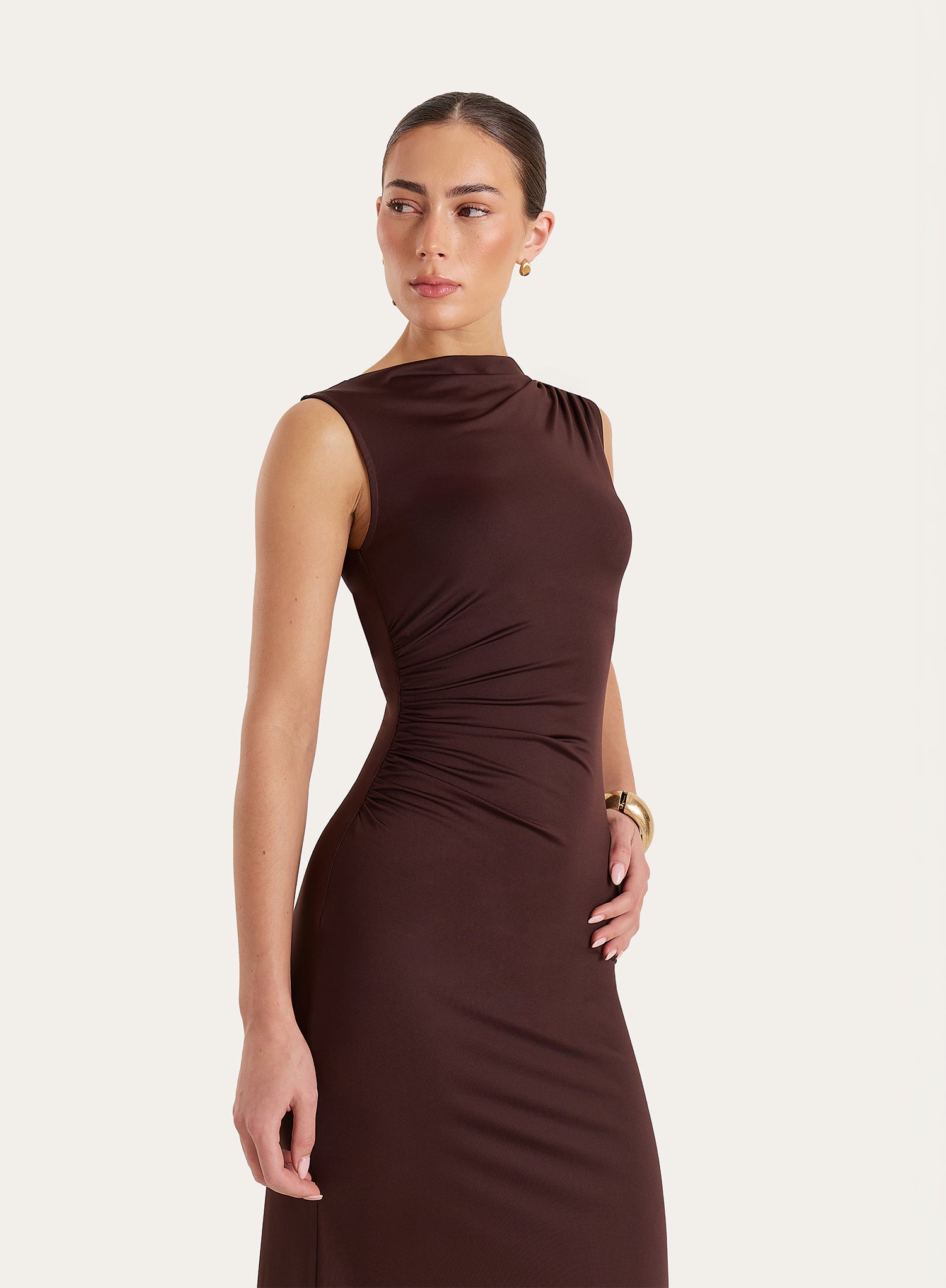 Chocolate Ruched Jersey Midaxi Dress