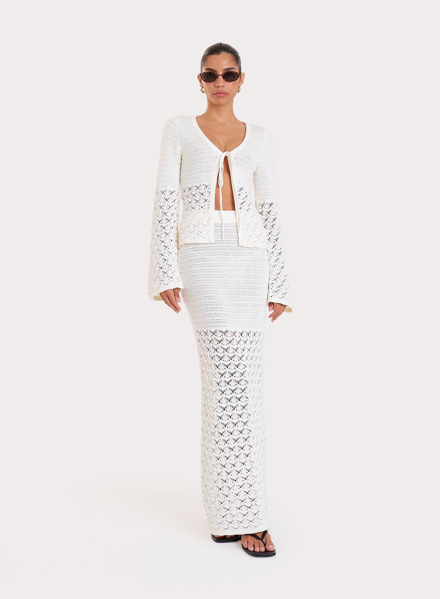 Cream Crochet Drop Waist Maxi Skirt