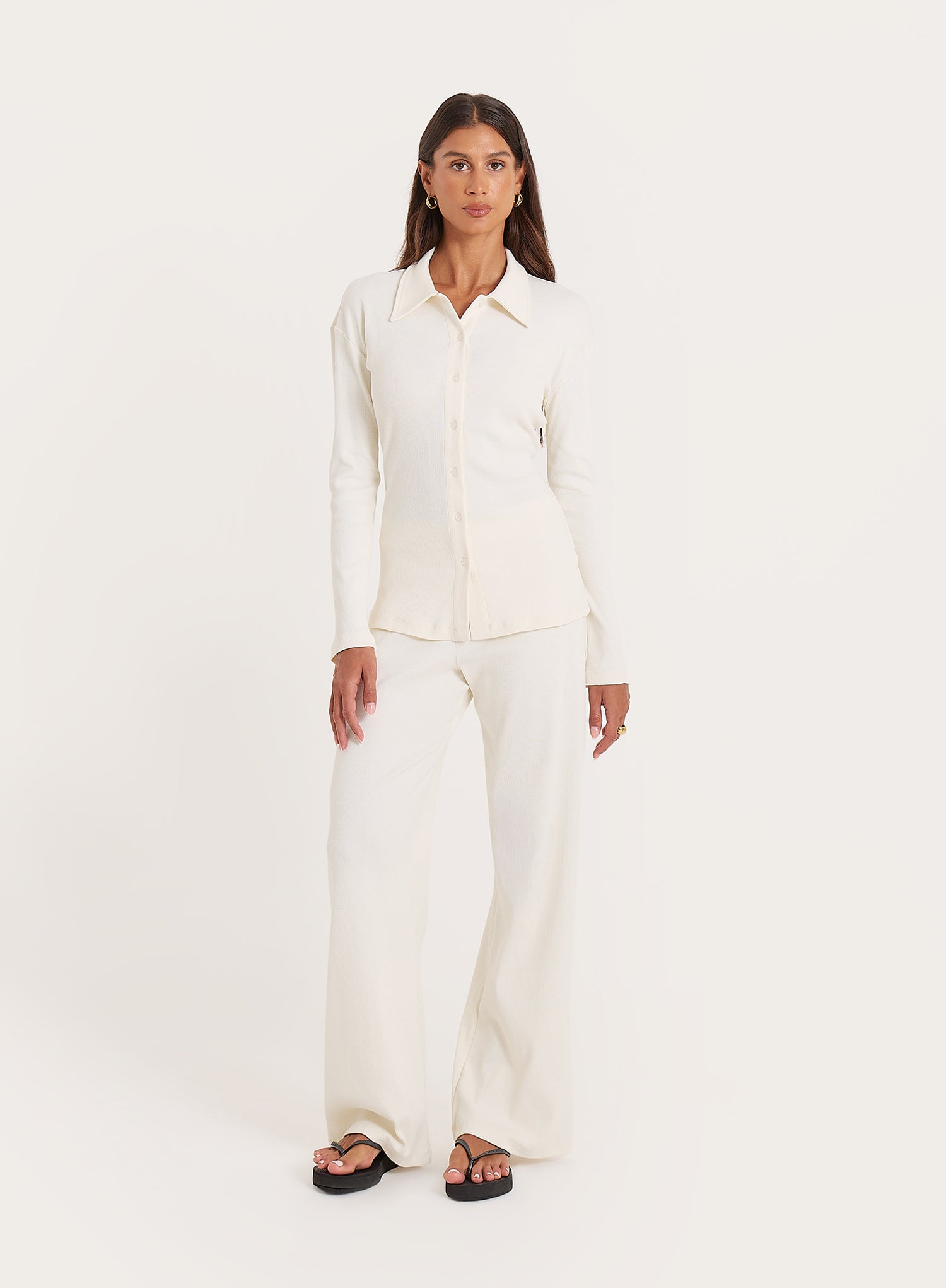 Cream Ribbed Straight Leg Trousers