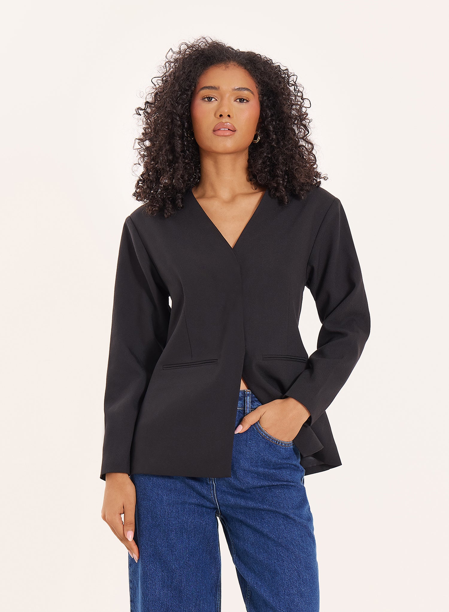 Black Collarless Cinched Blazer