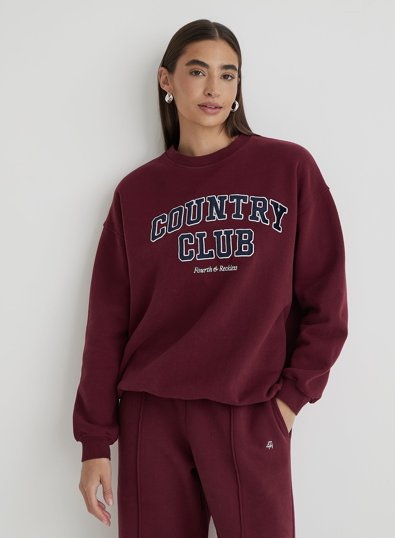 Burgundy Country Club Slogan Classic Longline Sweatshirt- Charli