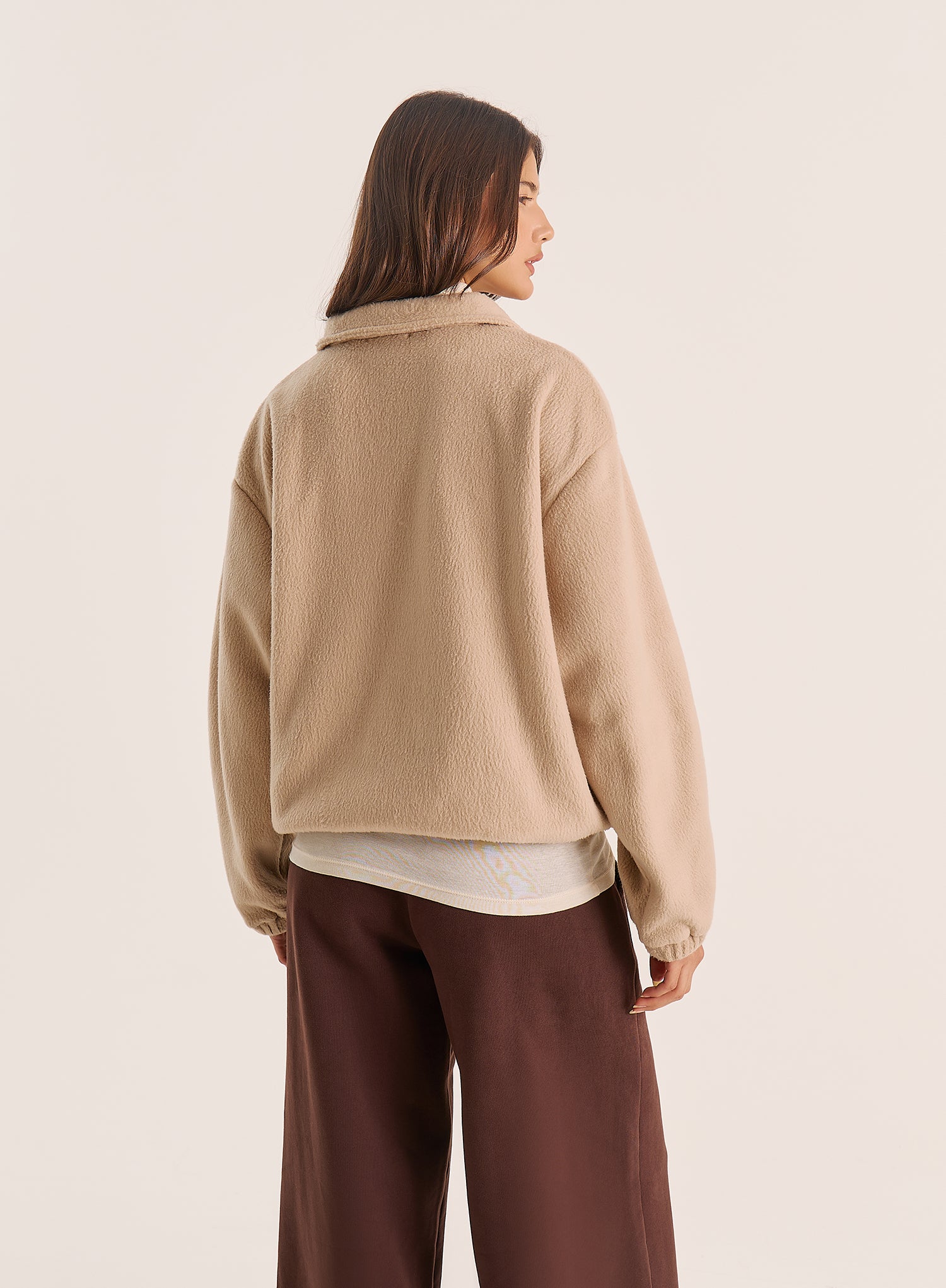 Beige Fleece Toggle Hem Collared Zip Sweatshirt