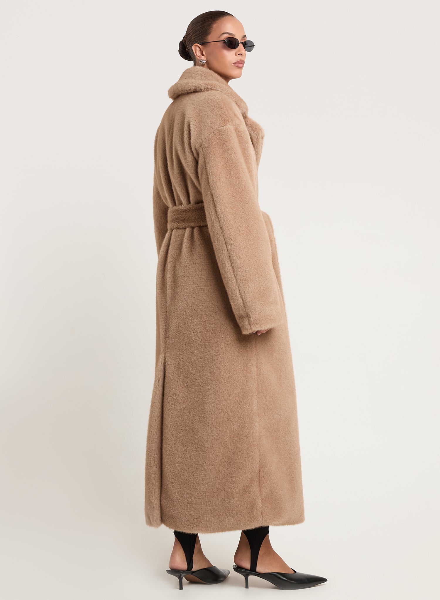 Beige Belted Maxi Faux Fur Coat