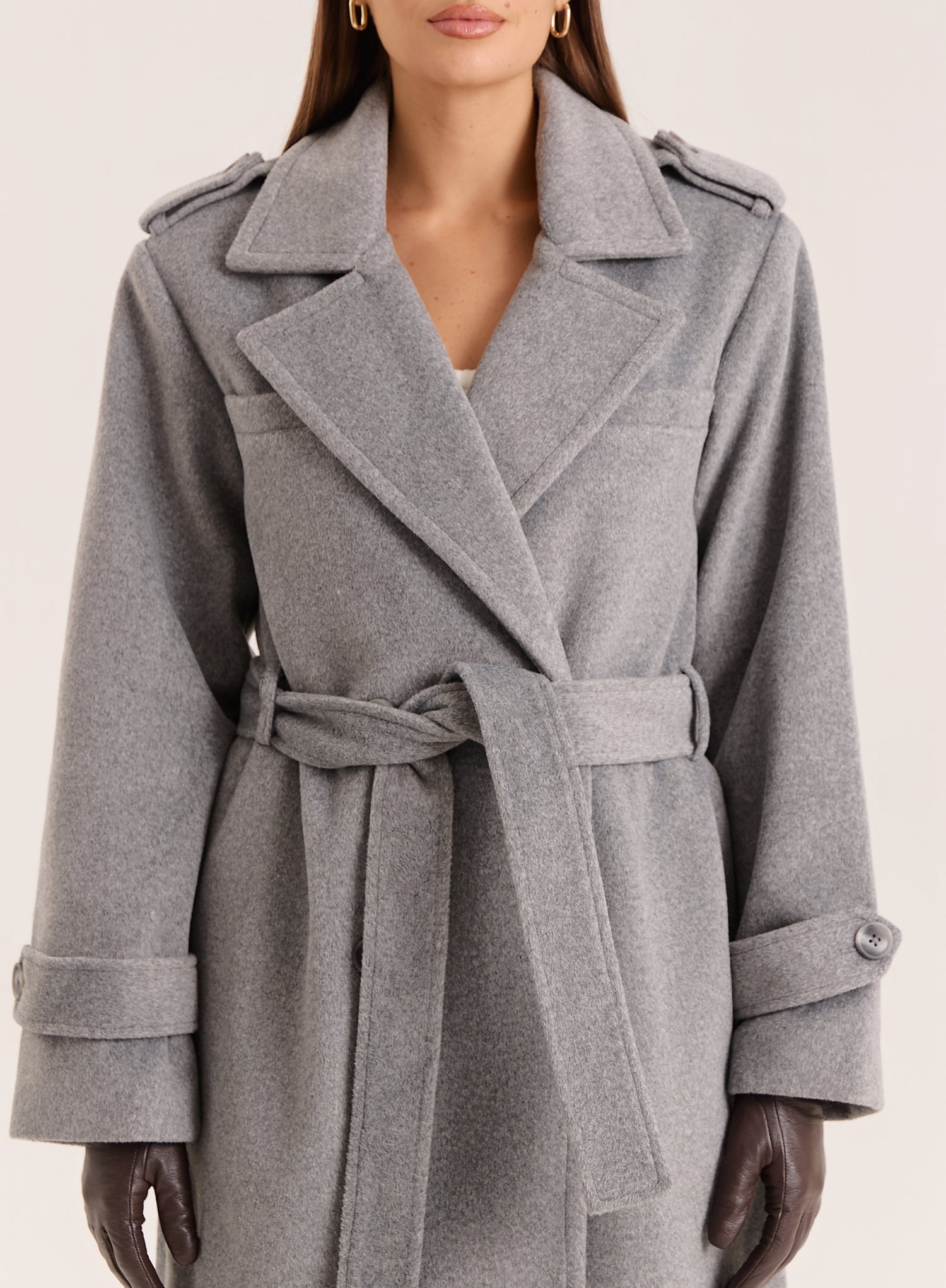 Grey Tailored Belted Longline Trench Coat