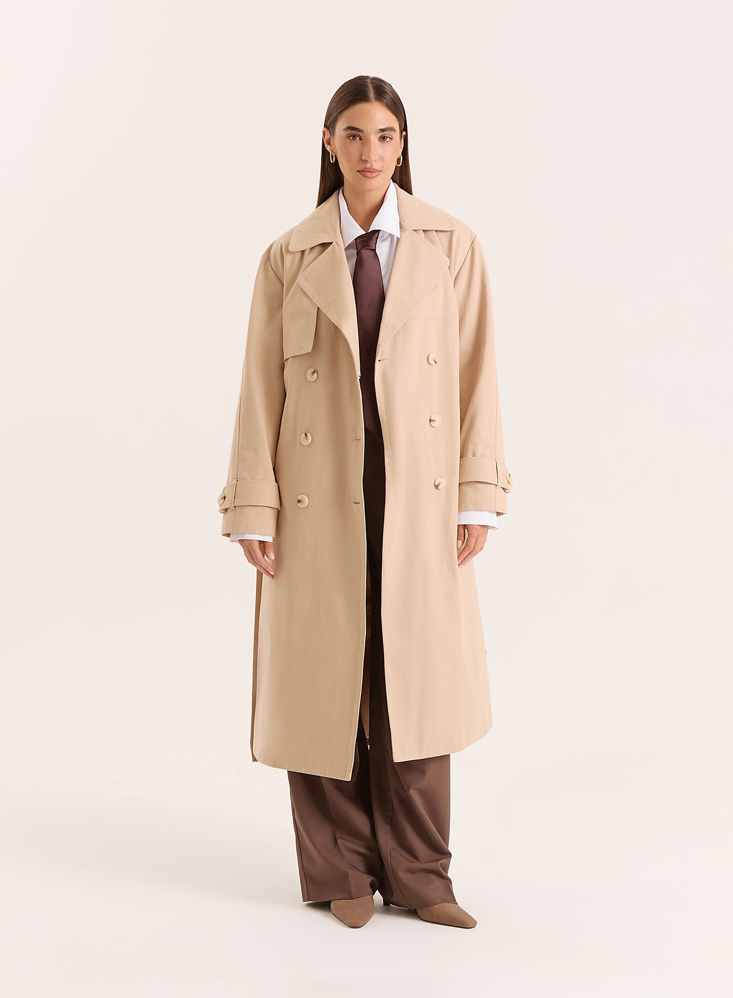Beige Belted Longline Trench Coat