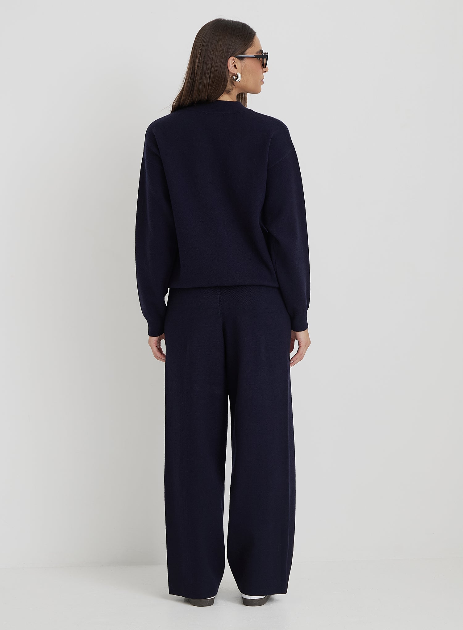 Navy Knitted Wide Leg Trouser- Cameron