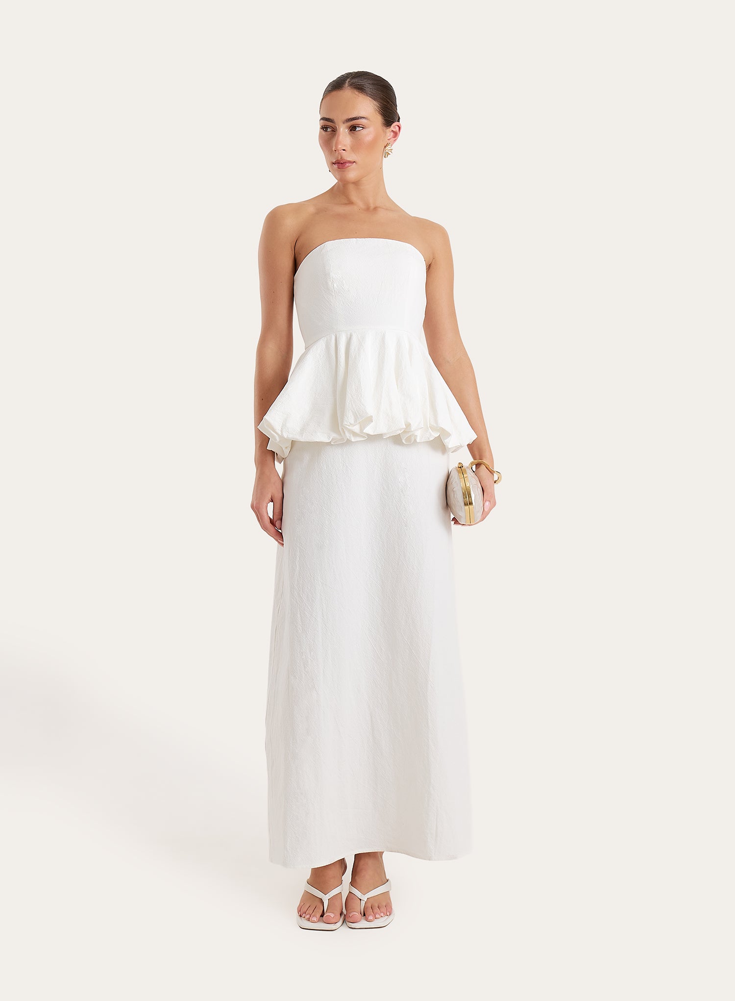White Puff Ball Peplum Waist Maxi Dress
