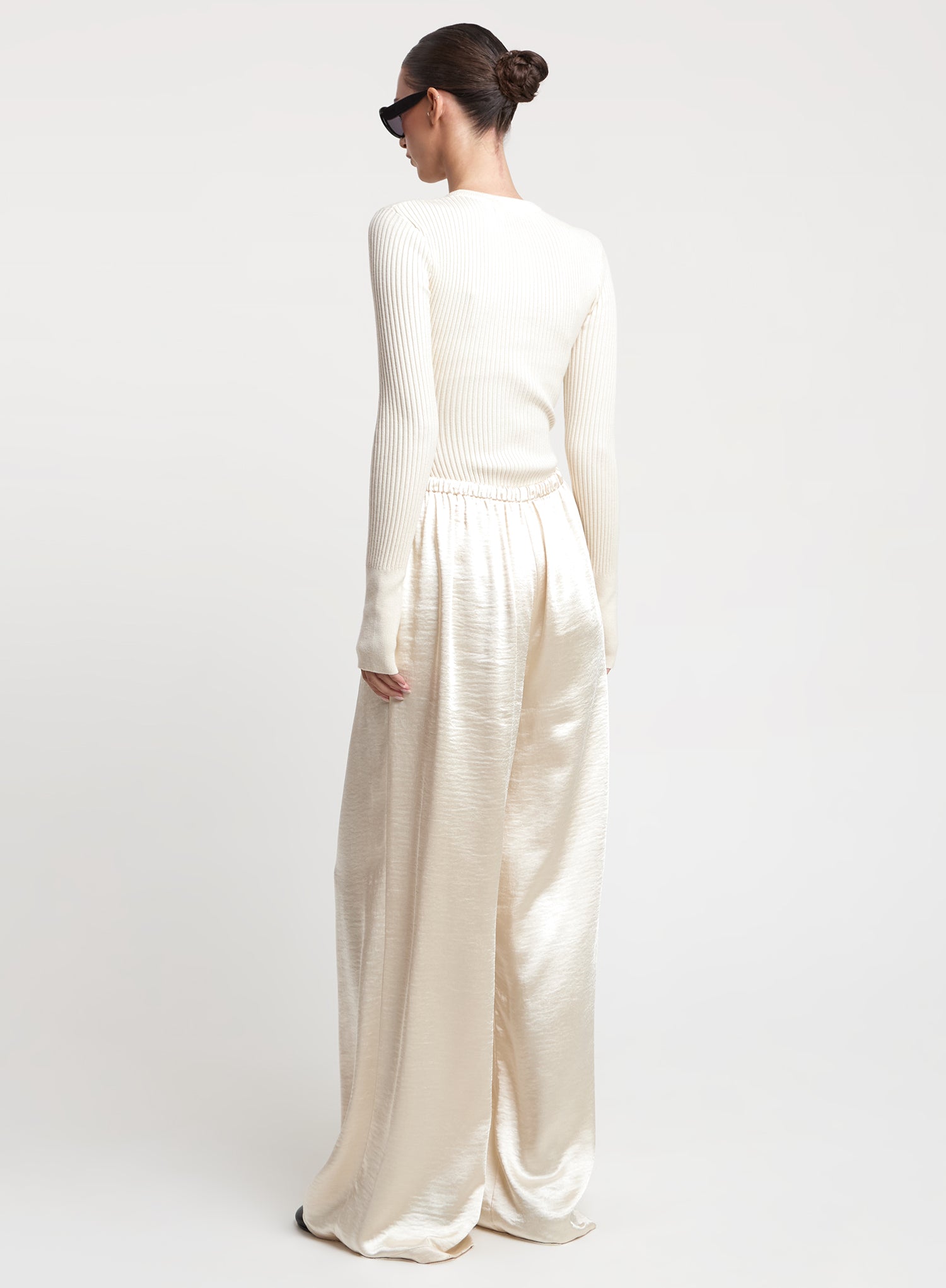 Cream Satin Elasticated Waist Wide Leg Trouser