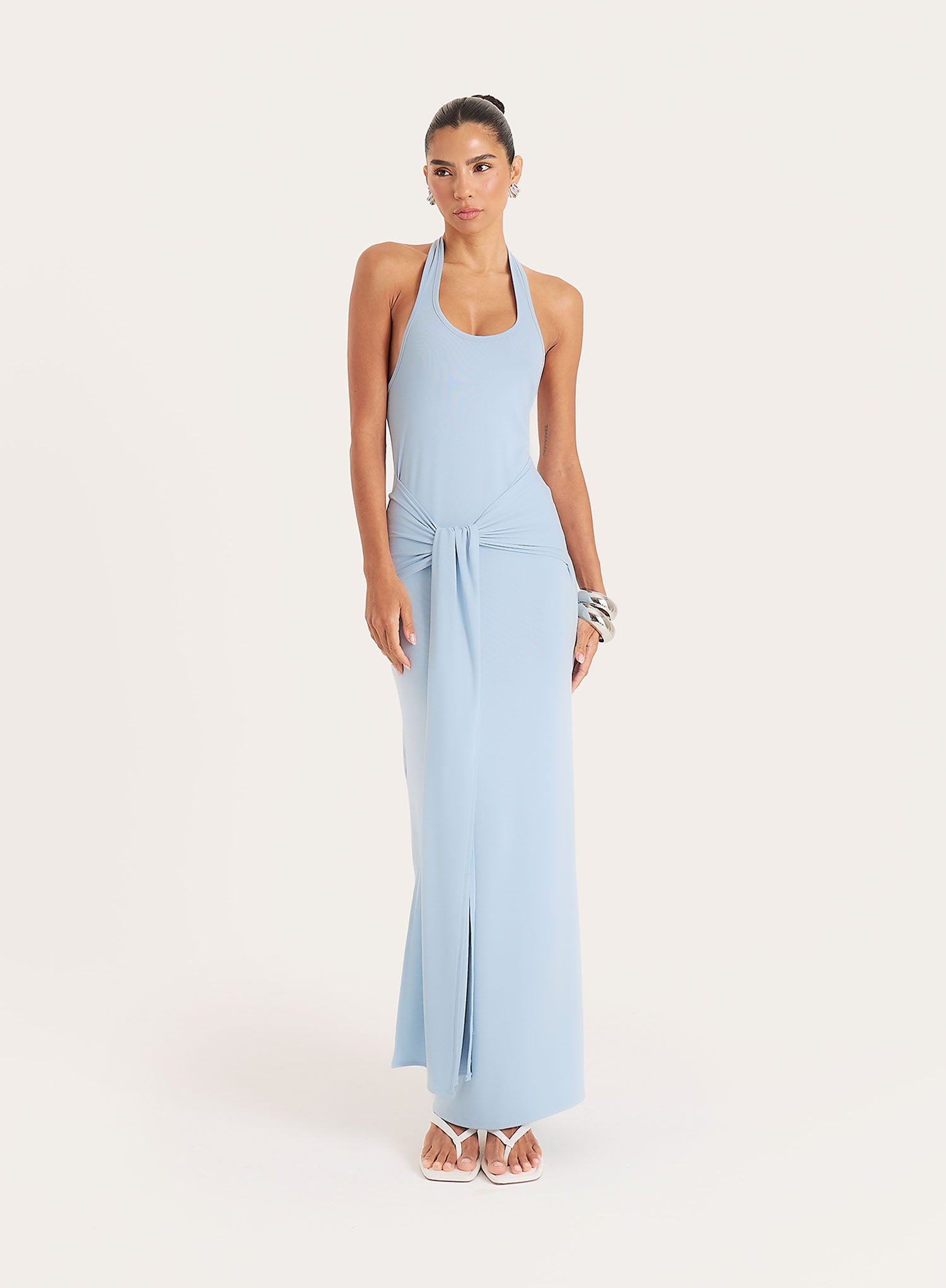 Blue Halterneck Belt Detail Maxi Dress