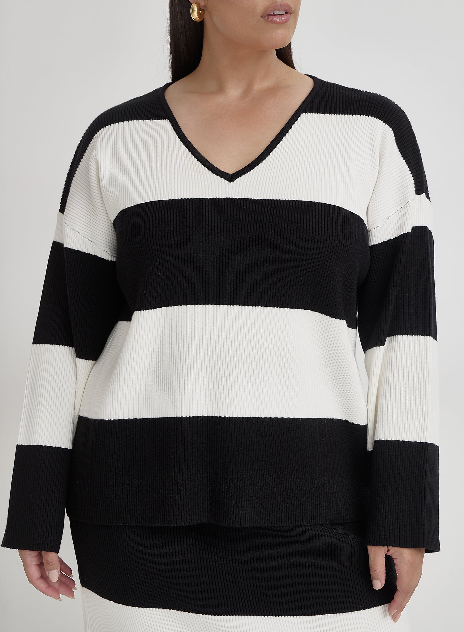 Black And Cream Plus Size Stripe Knitted Jumper- Jacqueline